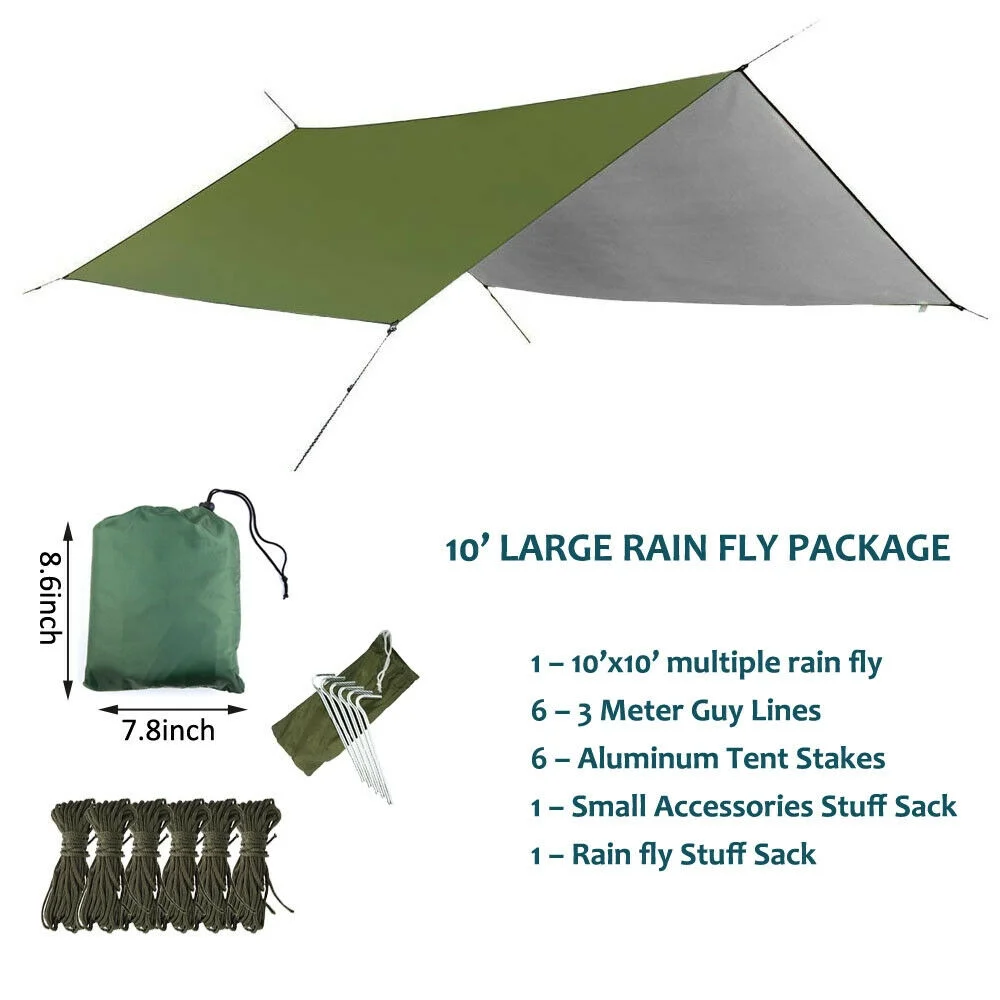 Camping Hammock with Mosquito Net and Rainfly Cover Tarp Fall, Portable Double Nylon Parachute Hammock Tent Rainfly Set for Backpacking Hiking Travel Yard Beach Outdoor Activities Green