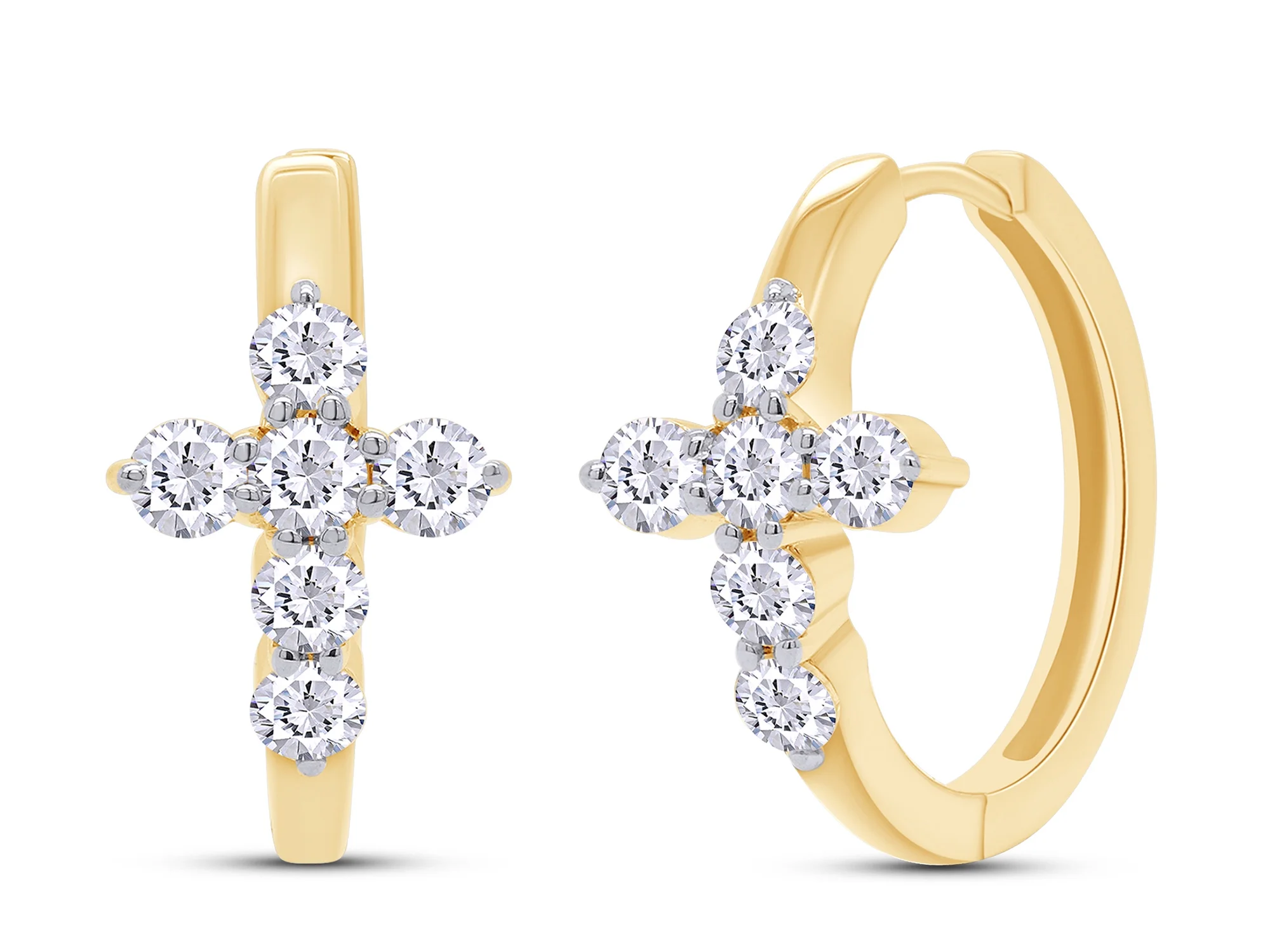 1CT Moissanite Cross Huggie Hoop Earrings for Women, 925 Sterling Silver with 18K Yellow Gold Plating, Hypoallergenic,With Certificate of Authenticity