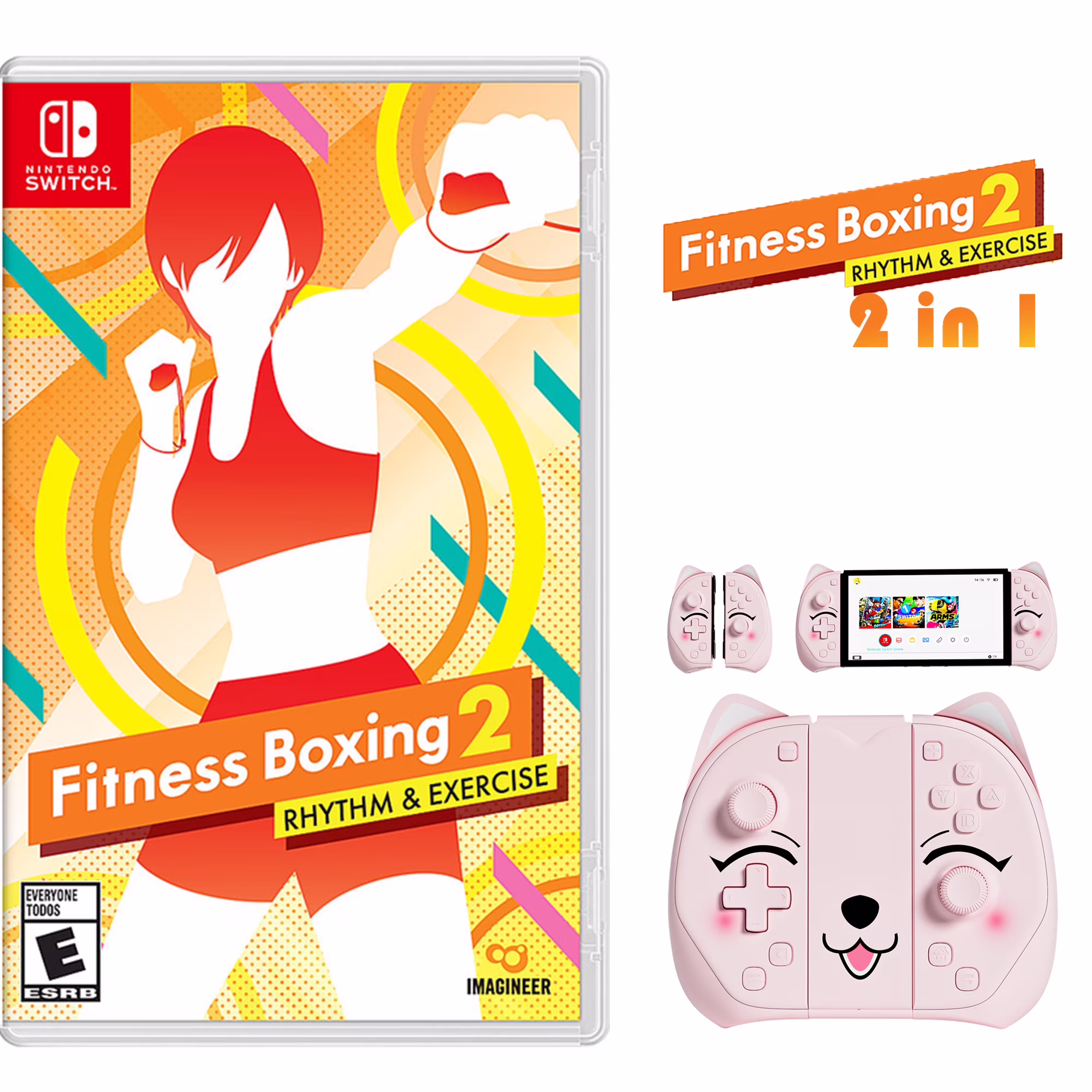 Fitness Boxing 2: Rhythm & Exercise Game Disc and Switch Joypad for Nintendo Switch Controller Pink, L/R Gaming Wireless Controller for Nintendo Switch/ Switch OLED /Switch Lite Replacement