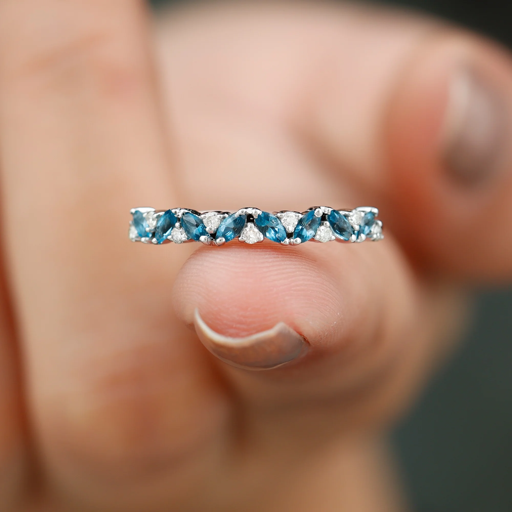 London Blue Topaz and Diamond Eternity Ring, Marquise Topaz Semi Eternity Ring, Diamond Stackable Ring, 925 Sterling Silver, US 4.00