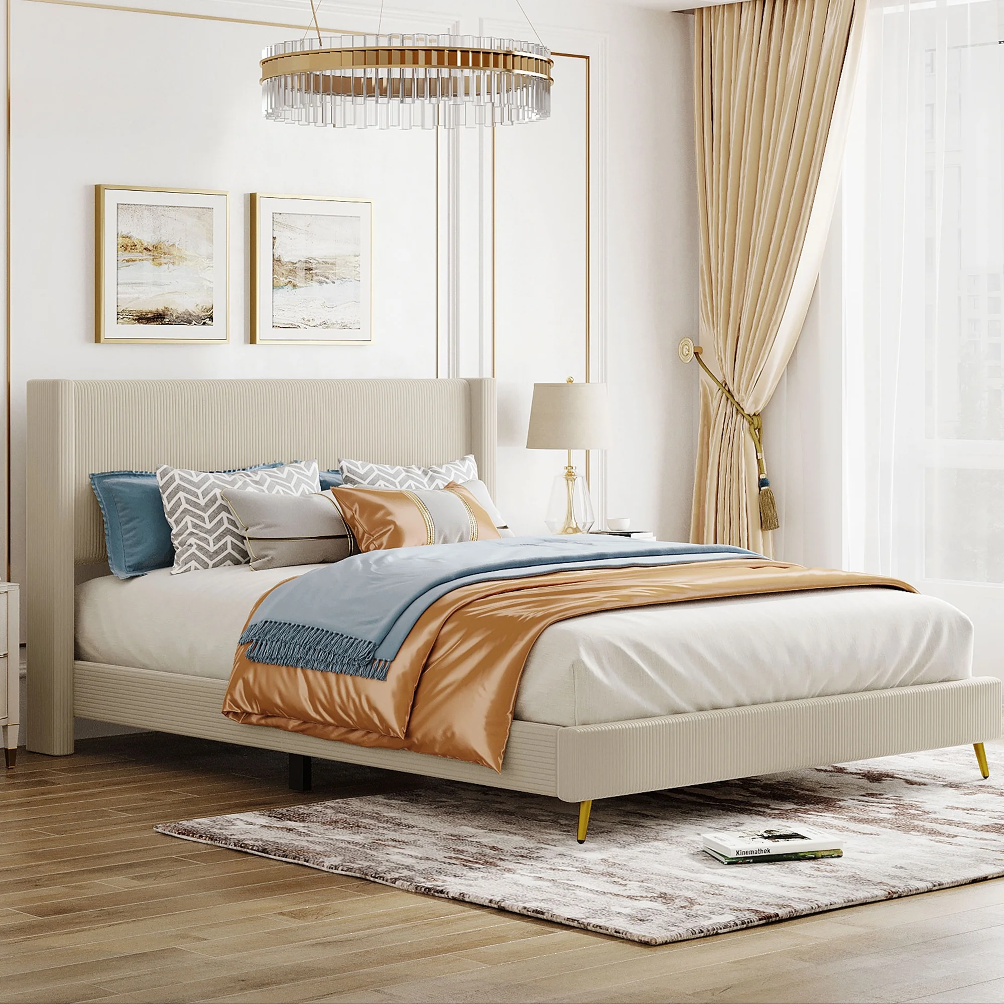 HSUNNS Queen Size Platform Bed Frame with Corduroy Upholstered Headboard and Wooden Slat Support, Queen Upholstered Bedroom Furniture, Metal Legs, No Box Spring Needed, Easy Assembly, Beige