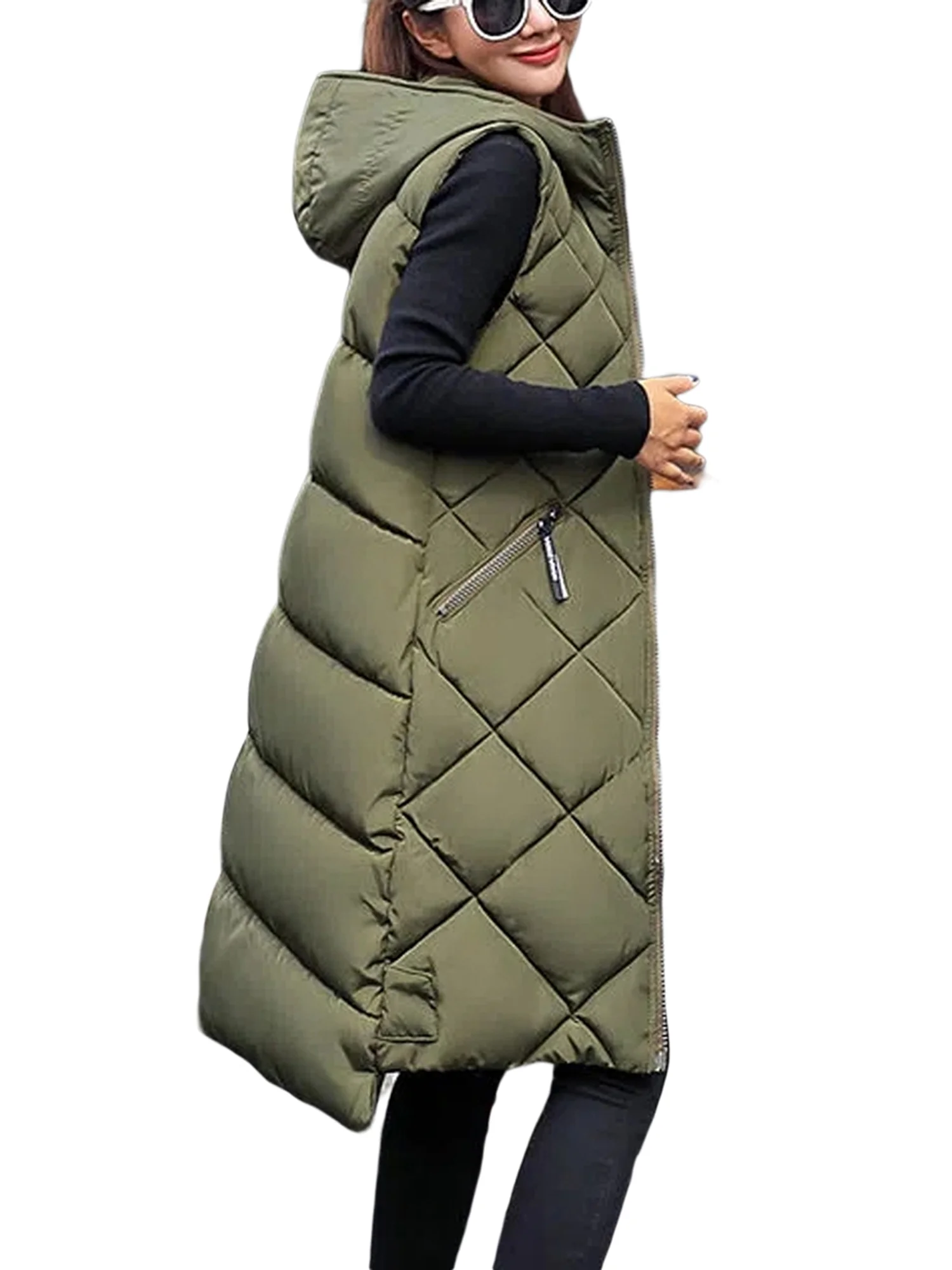 wybzd Womens Long Puffer Vest, Winter Warm Sleeveless Coat Quilted Vest Outwear with Hood Army Green XXL