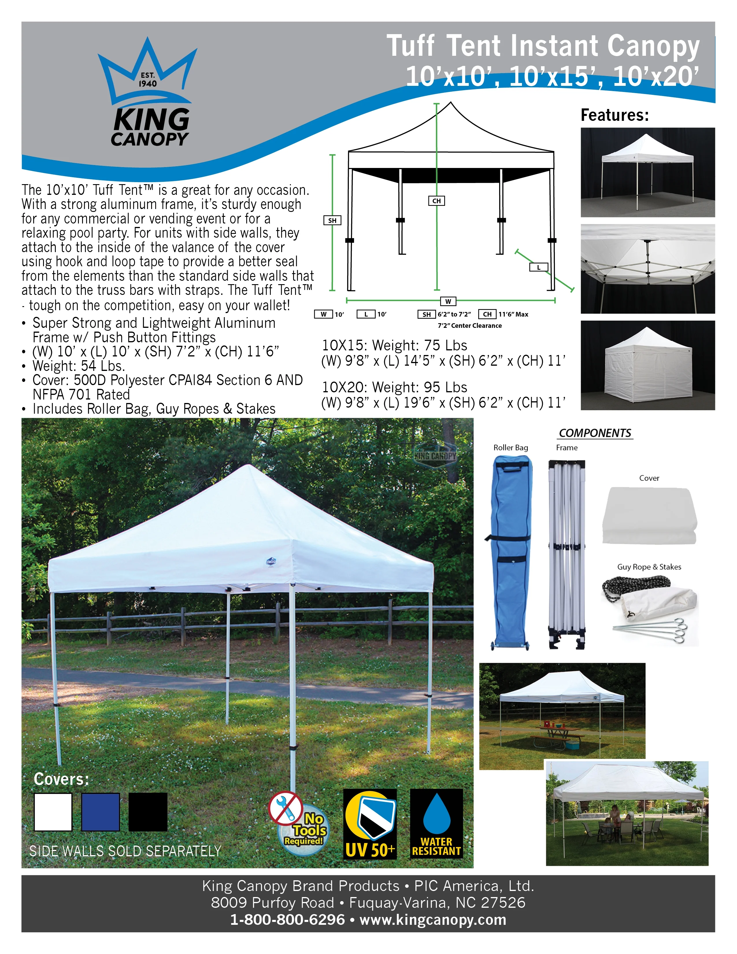King Canopy Tuff Tent 10'x10' Instant Pop up Canopy , 1-Inch Aluminum Frame, Black,