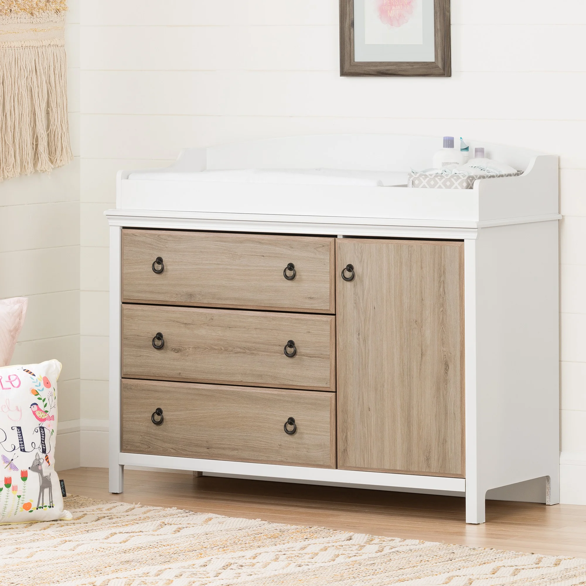 South Shore Catimini Changing Table with Removable Changing Station, Pure White and Rustic Oak