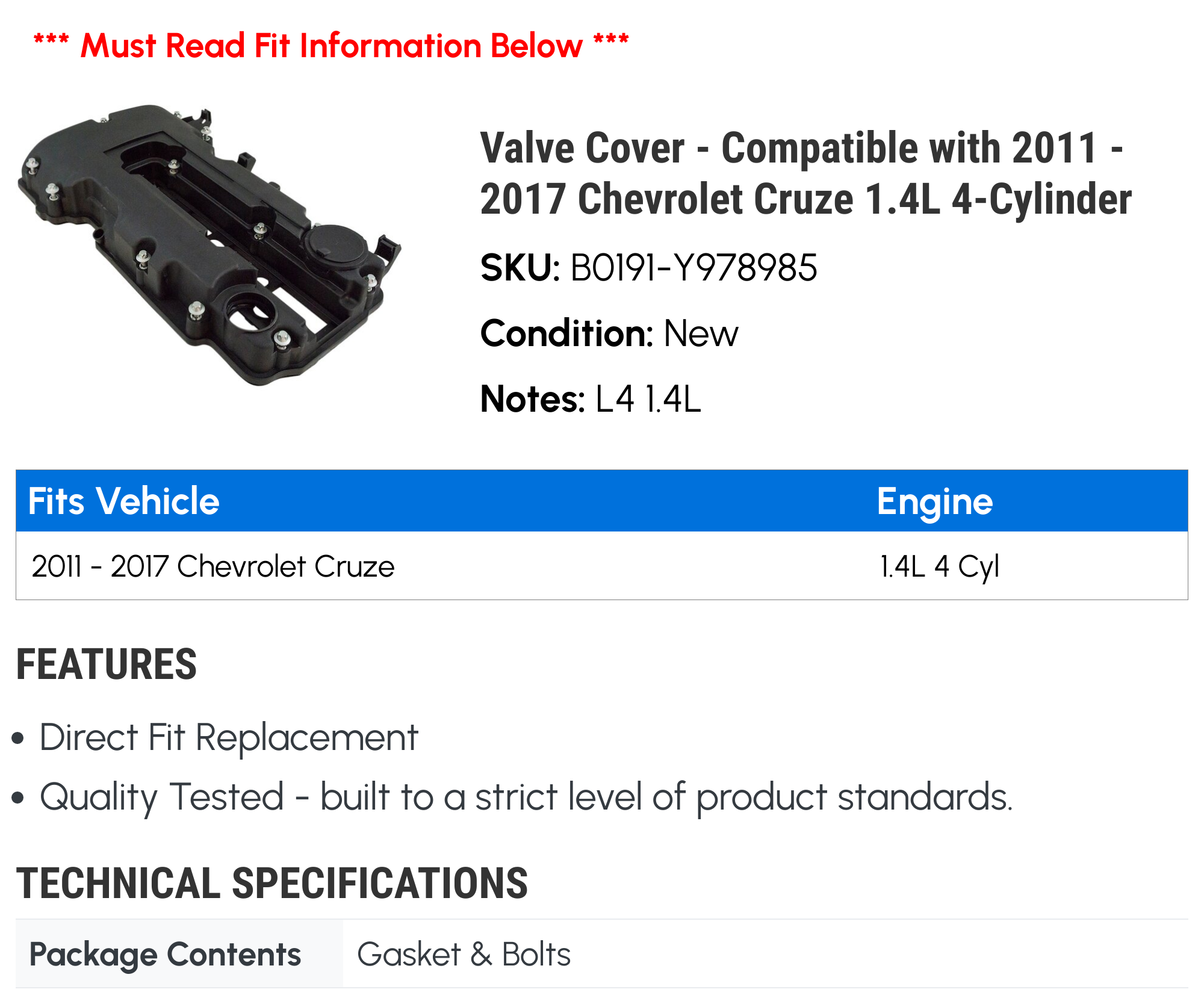 Valve Cover - Compatible with 2011 - 2017 Chevy Cruze 1.4L 4-Cylinder 2012 2013 2014 2015 2016