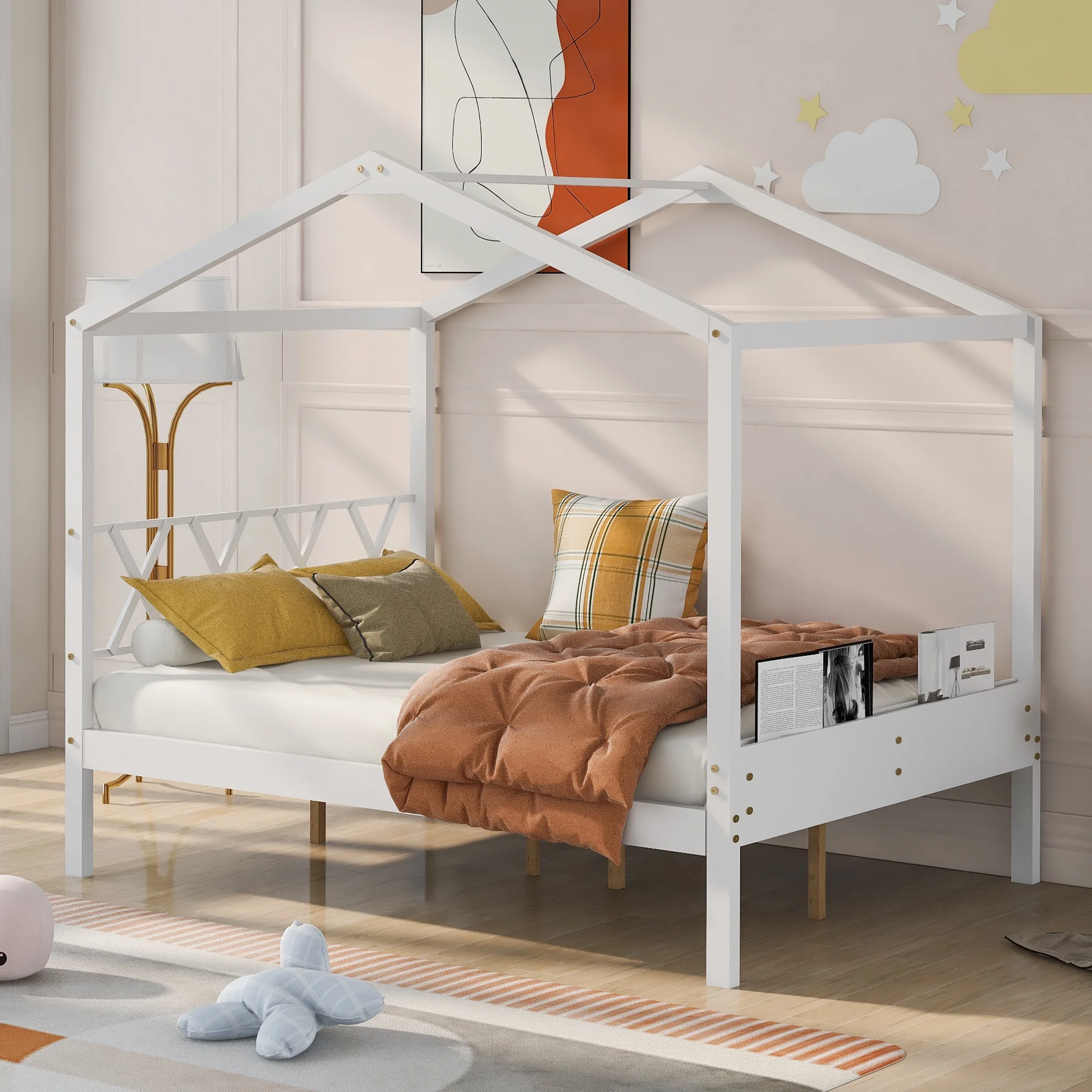 Nestfair White Full Size Pine Wood House Bed with Storage for Child
