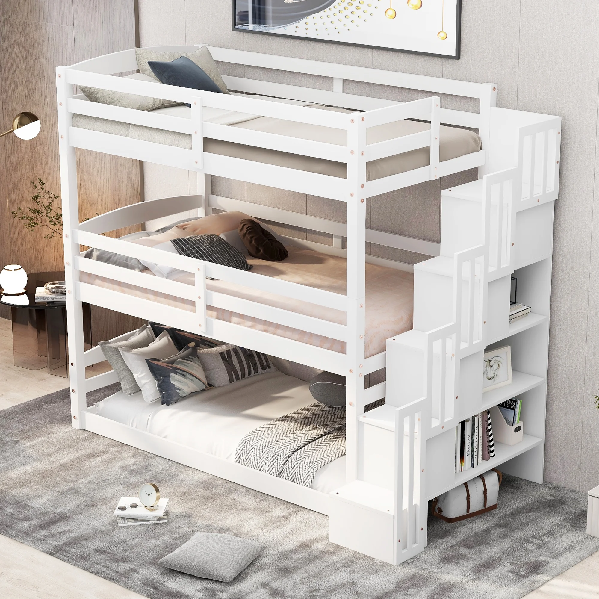 Twin Size Triple Bunk Bed with Storage Staircase, Separate Design, White