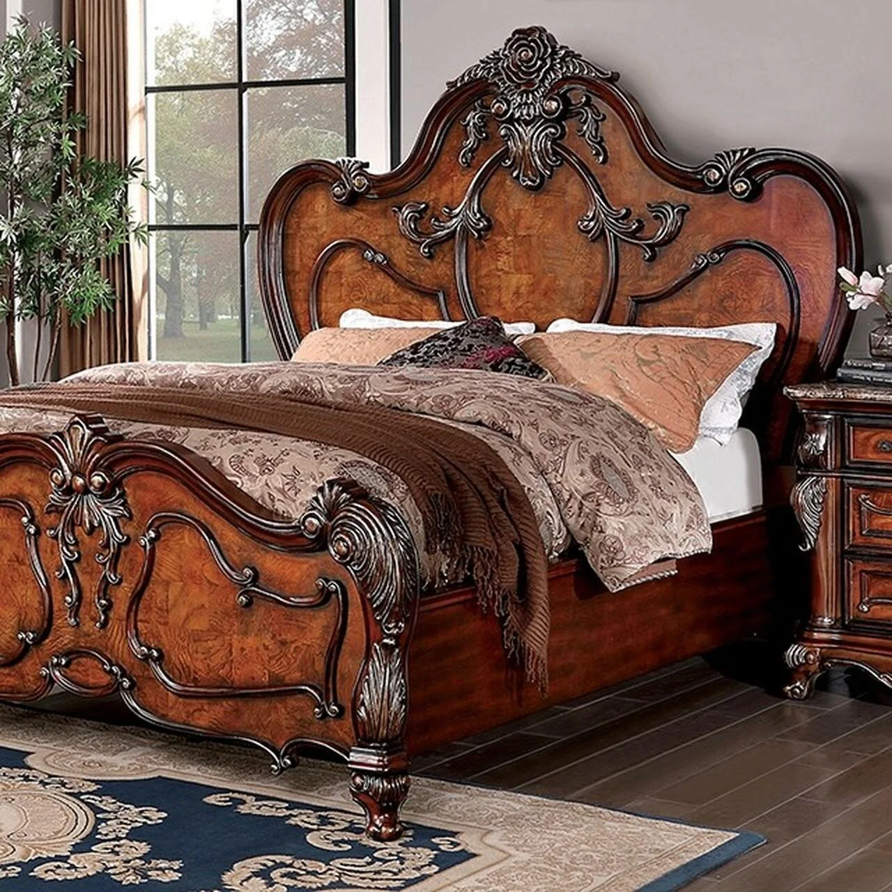 Antique Dark Oak Solid Wood King Bedroom Set 6pcs FOA CM7183 Rosewood