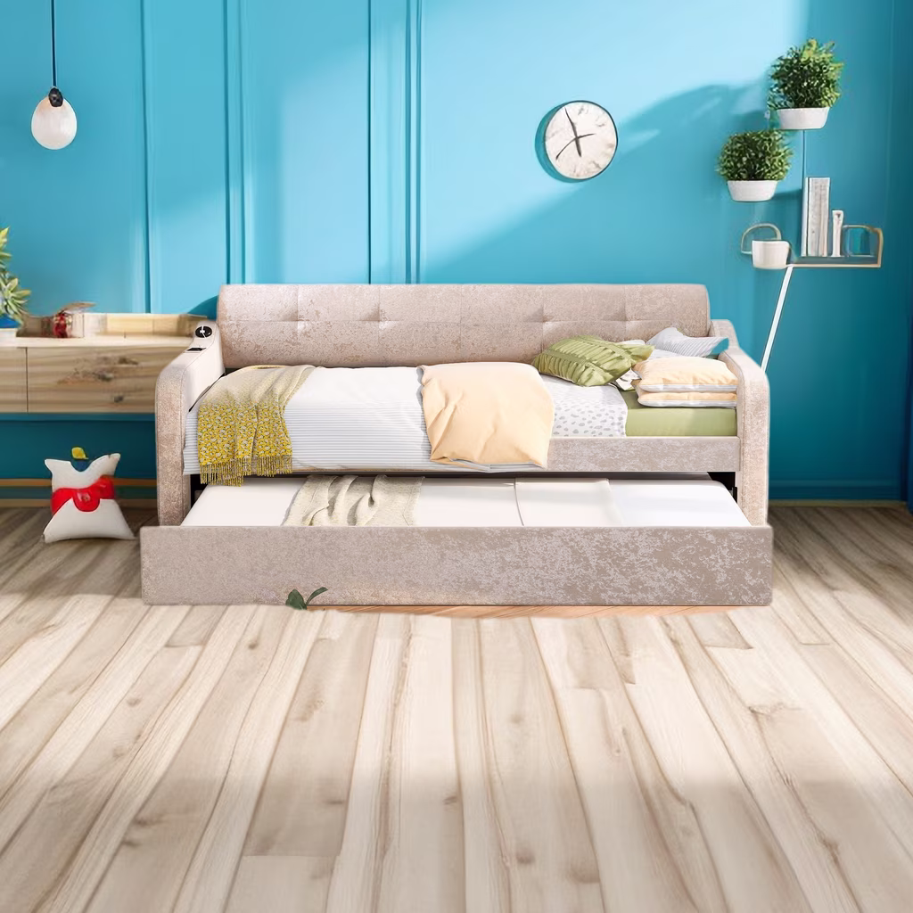 Twin Size Snowflake Velvet Daybed with Trundle and USB Charging Design, Solid Wood Daybed Sofa Bed Frame for Bedroom Living Room Guest Room Home Office