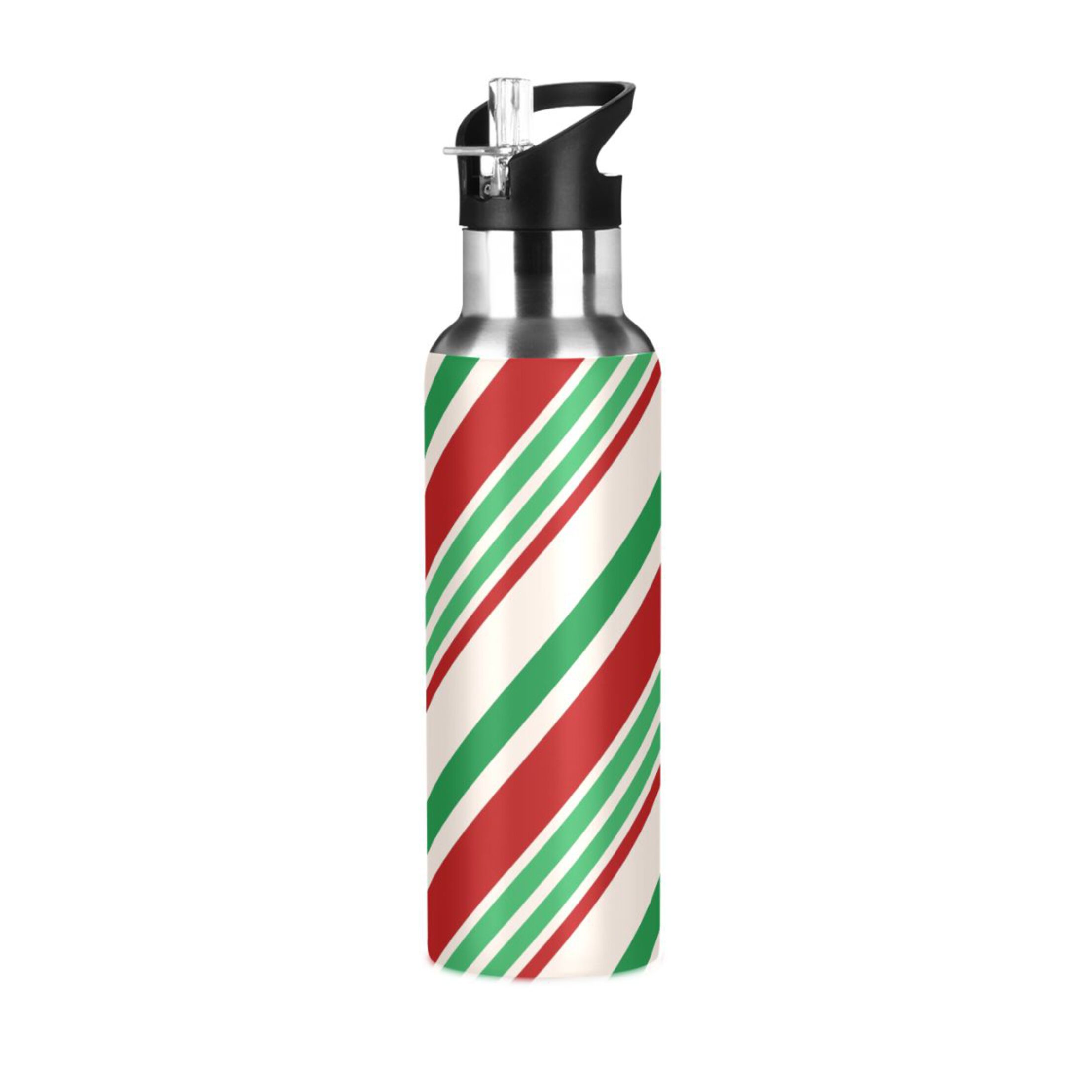 Stainless Steel Water Bottle Christmas Red Green Stripes with Straw Lid Vacuum Insulated Leak Proof Flask Jug for Gym Travel Sports Cycling Outdoor 20 OZ
