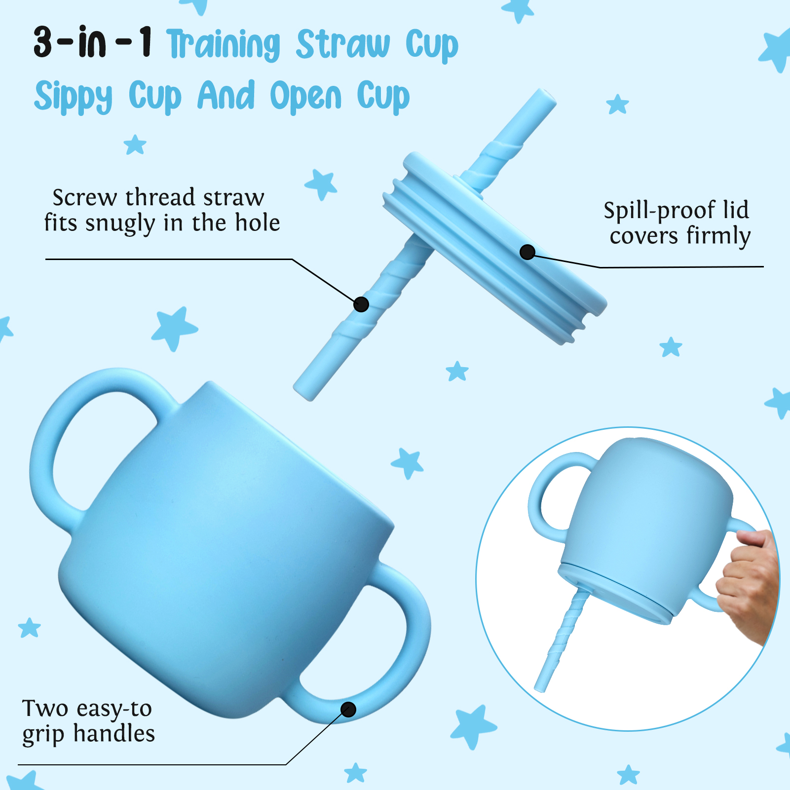 Sangdo Silicone Baby Feeding Set 7-Piece Baby Led Weaning Utensils Set Includes Suction Bowl and Plate, Baby Spoon and Fork, Bib, Sippy Cup with Straw, Blue