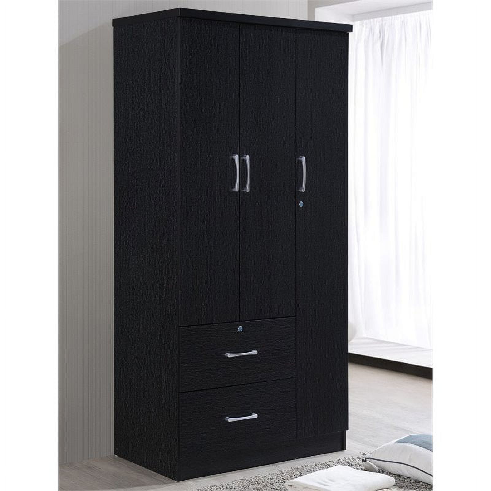 Hodedah 3-Door 36 in. Wide Armoire with 2-Drawers, Clothing Rod and 3-Shelves, Black