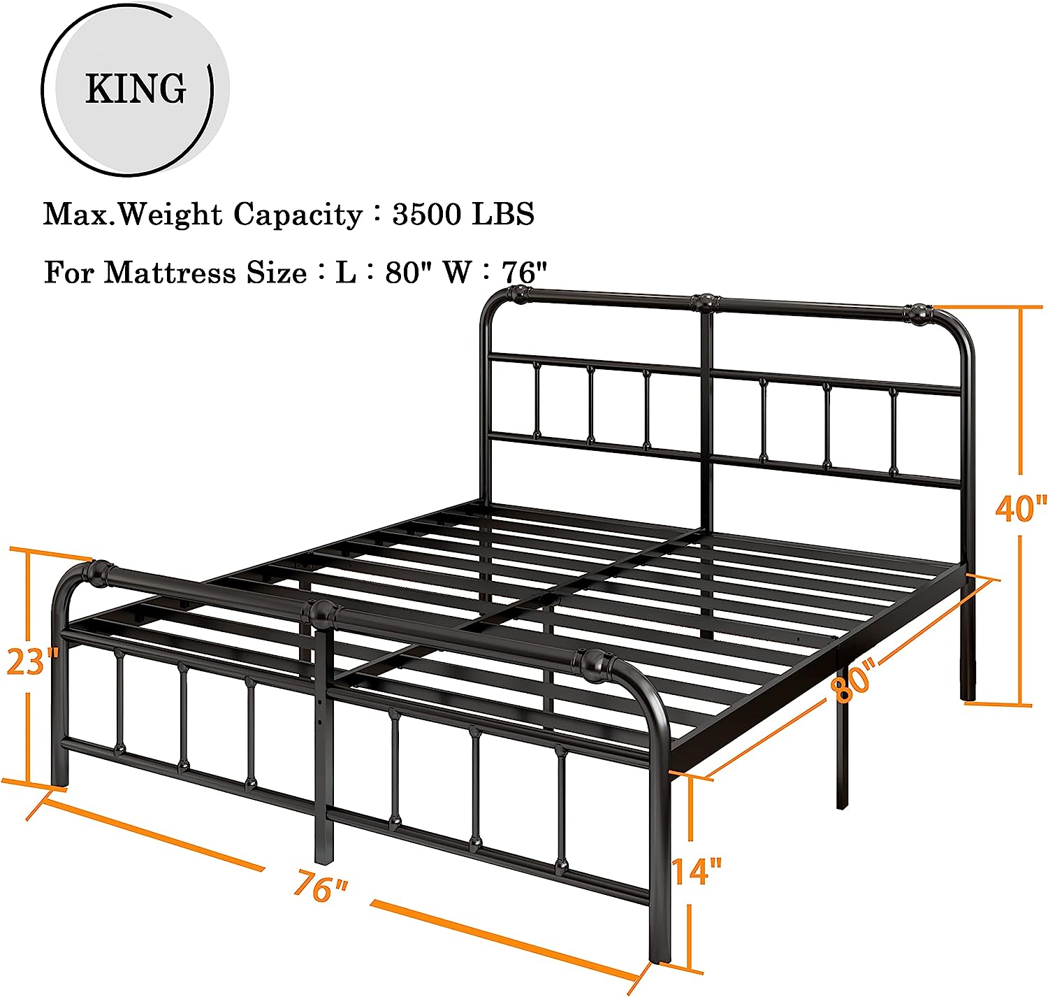 YINCHEN King Size Bed Frame with Headboard and Footboard,14 Inch High Metal Platform, 3500lbs Support，No Box Spring Needed,Noise Free, Easy Assembly,Black