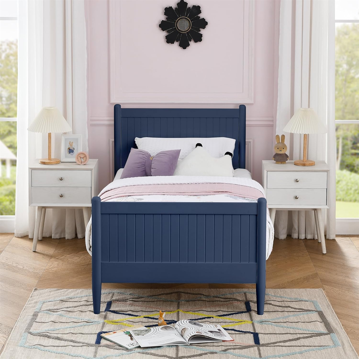 Wooden Bed Frame With Headboard & Footboard Designed With Classic Finials, Beadboard Paneling And Lathe-Turned Feet，No Box Spring Needed (Blue)
