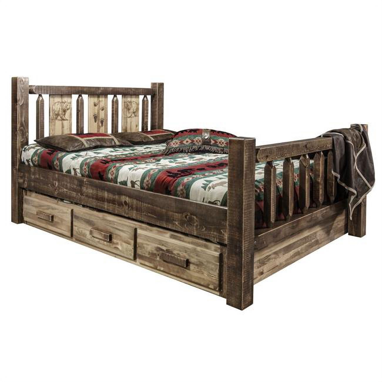 Homestead Queen Storage Bed with Laser Engraved Bear Design, Stain & Clear Lacquer - Queenl Size