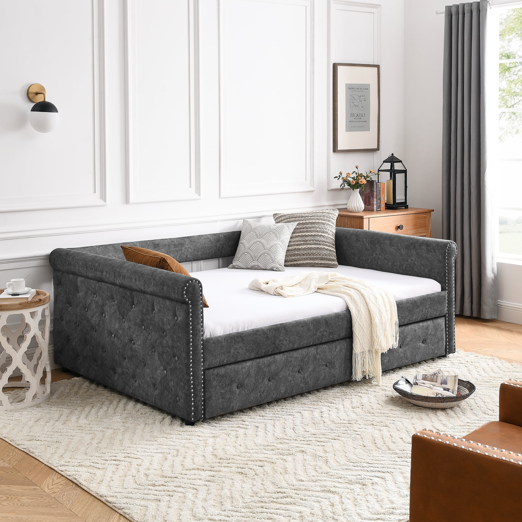 CoSoTower Daybed With Trundle Upholstered Tufted Sofa Bed, With Button And Copper Nail On Arms, Full Daybed & Twin Trundle, Grey, 85.5“X57”X30.5“