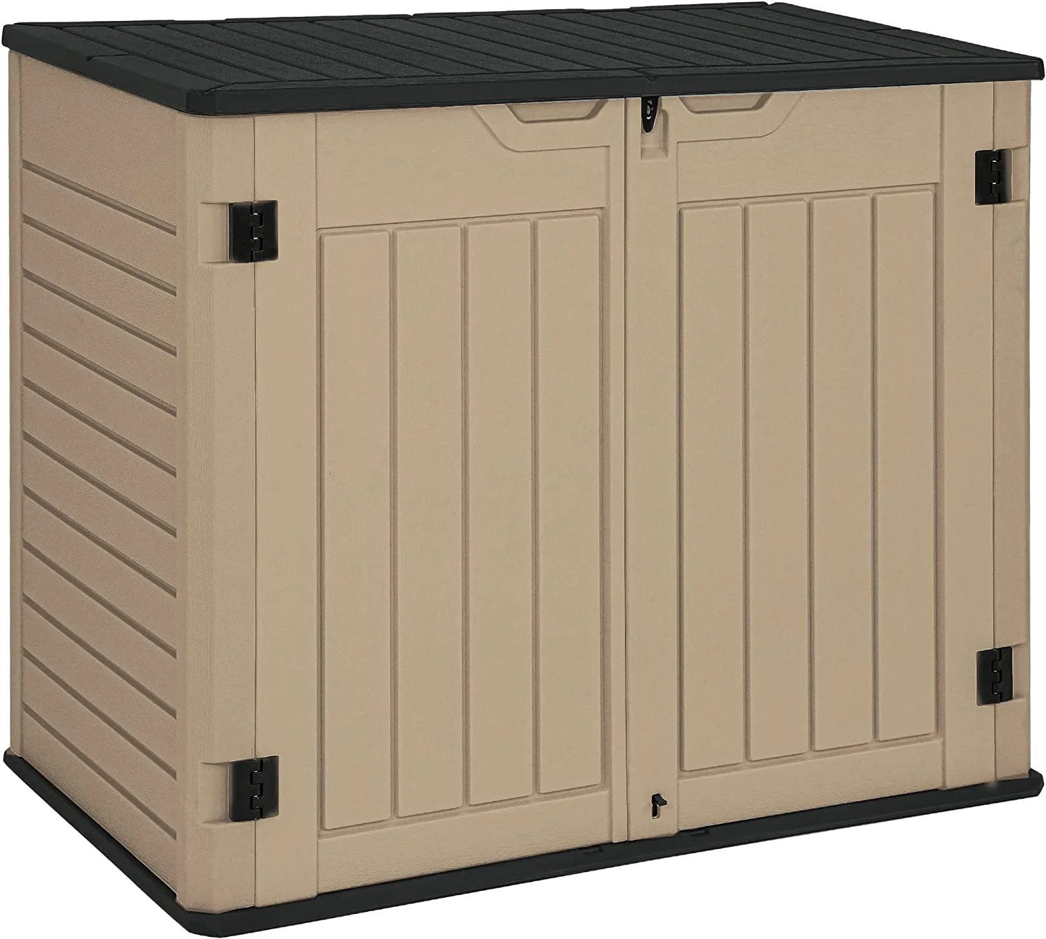 DWVO Outdoor Horizontal Storage Sheds, Weather Resistant Resin Tool Shed, Multi-Opening Door for Easy Storage of Bike, Trash Cans, Garden Tools, Lawn Mowers, 27 cu ft, Waterproof, Lockable (Brown)