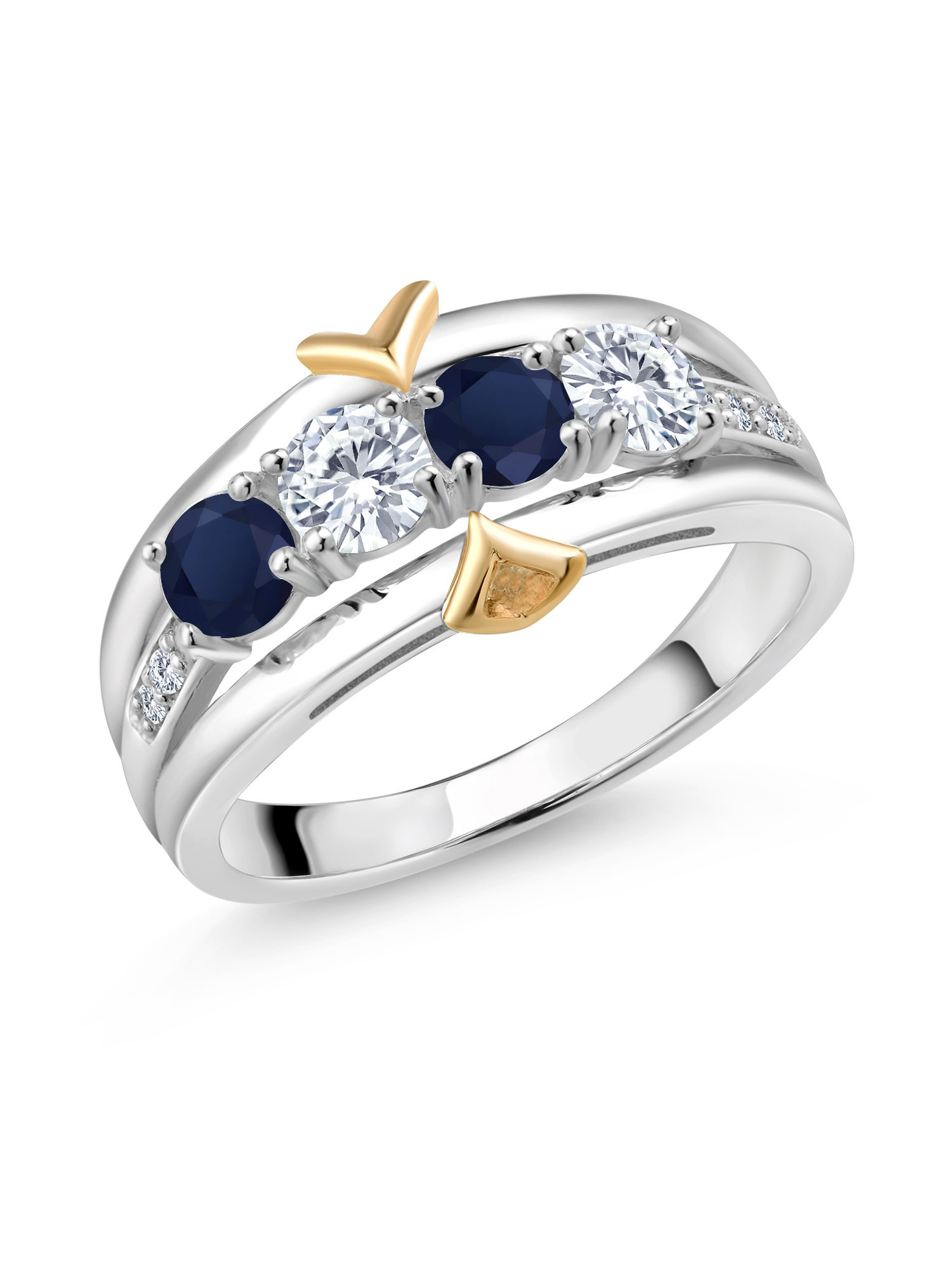 Gem Stone King 925 Silver and 10K Yellow Gold Blue Sapphire White Moissanite and Lab Grown Diamond Ring For Women (1.21 Cttw, Available In Size 5, 6, 7, 8, 9)