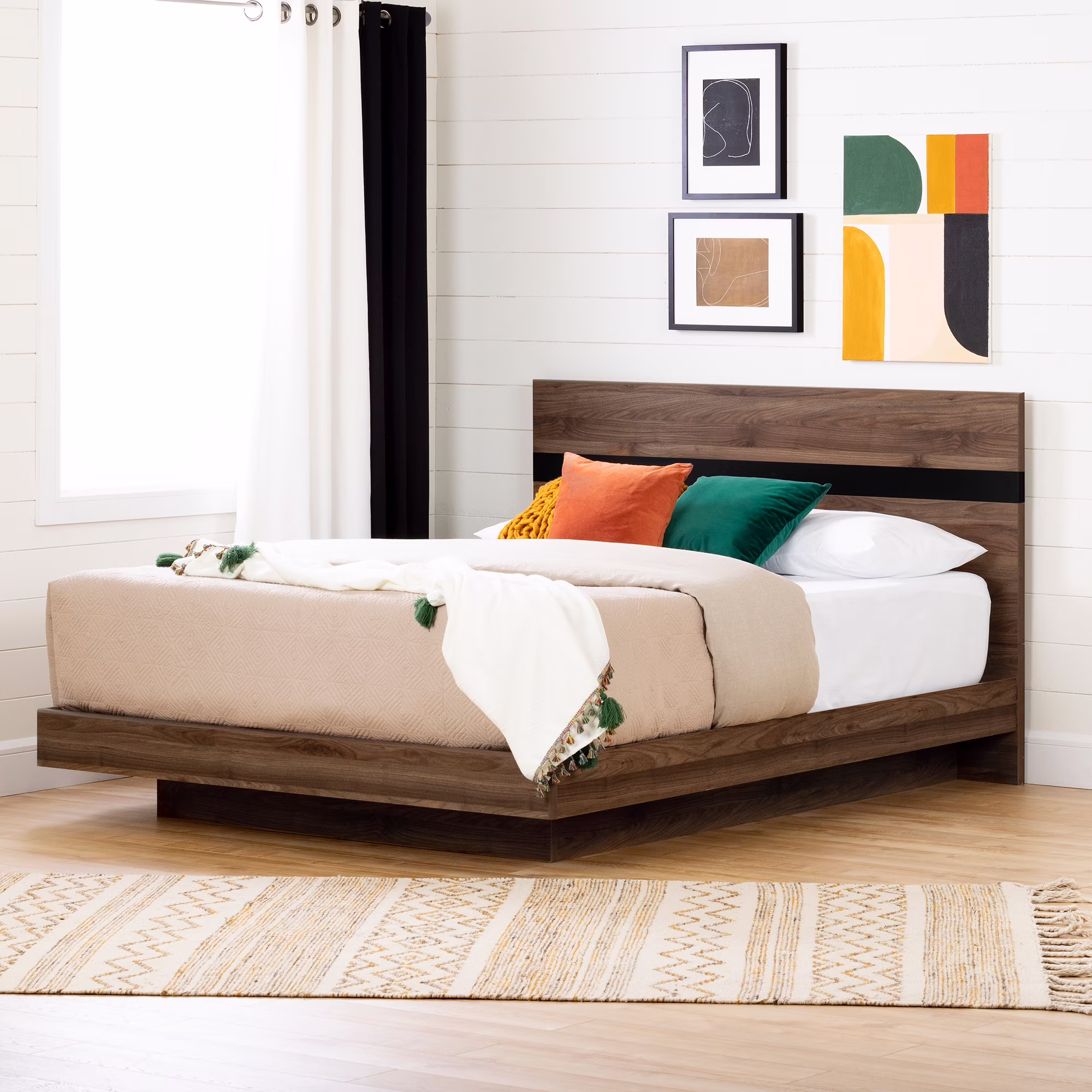 South Shore Flam Complete Bed, Natural Walnut and Matte Black