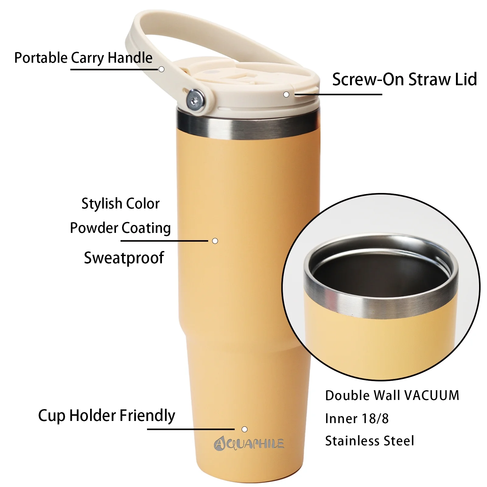 AQUAPHILE 35 oz Insulated Water Bottles with Straw Lid, Double Walled Vacuum Stainless Steel Travel Tumbler with Handle and Straw, Wide Mouth Thermos Bottle, Ginger Orange