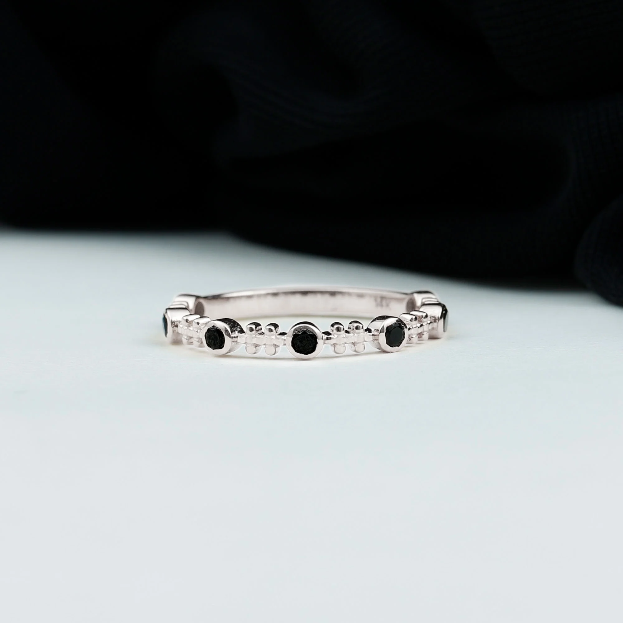 1/4 CT Bezel Set Black Diamond and Gold Beaded Stackable Ring, 925 Sterling Silver, US 4.00