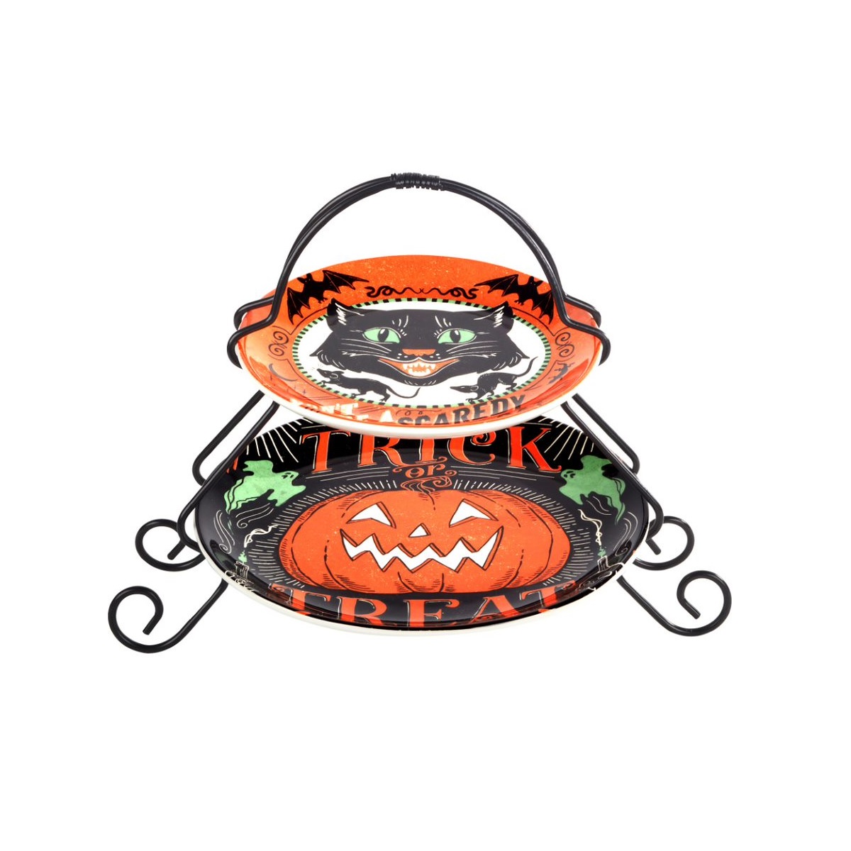 Certified International Set of 2 Scaredy Cat Halloween Serving Plates with Metal Stand 10