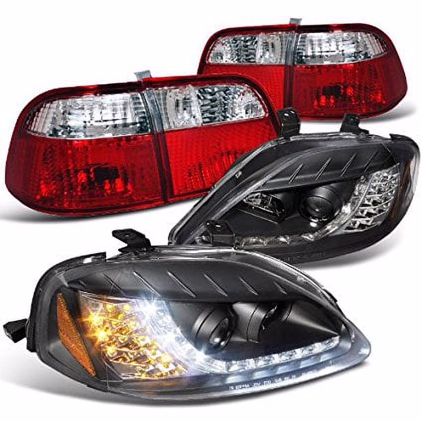 Honda Civic 4Dr Black R8 DRL LED Signal Projector Headlights+Tail Brake Lamps
