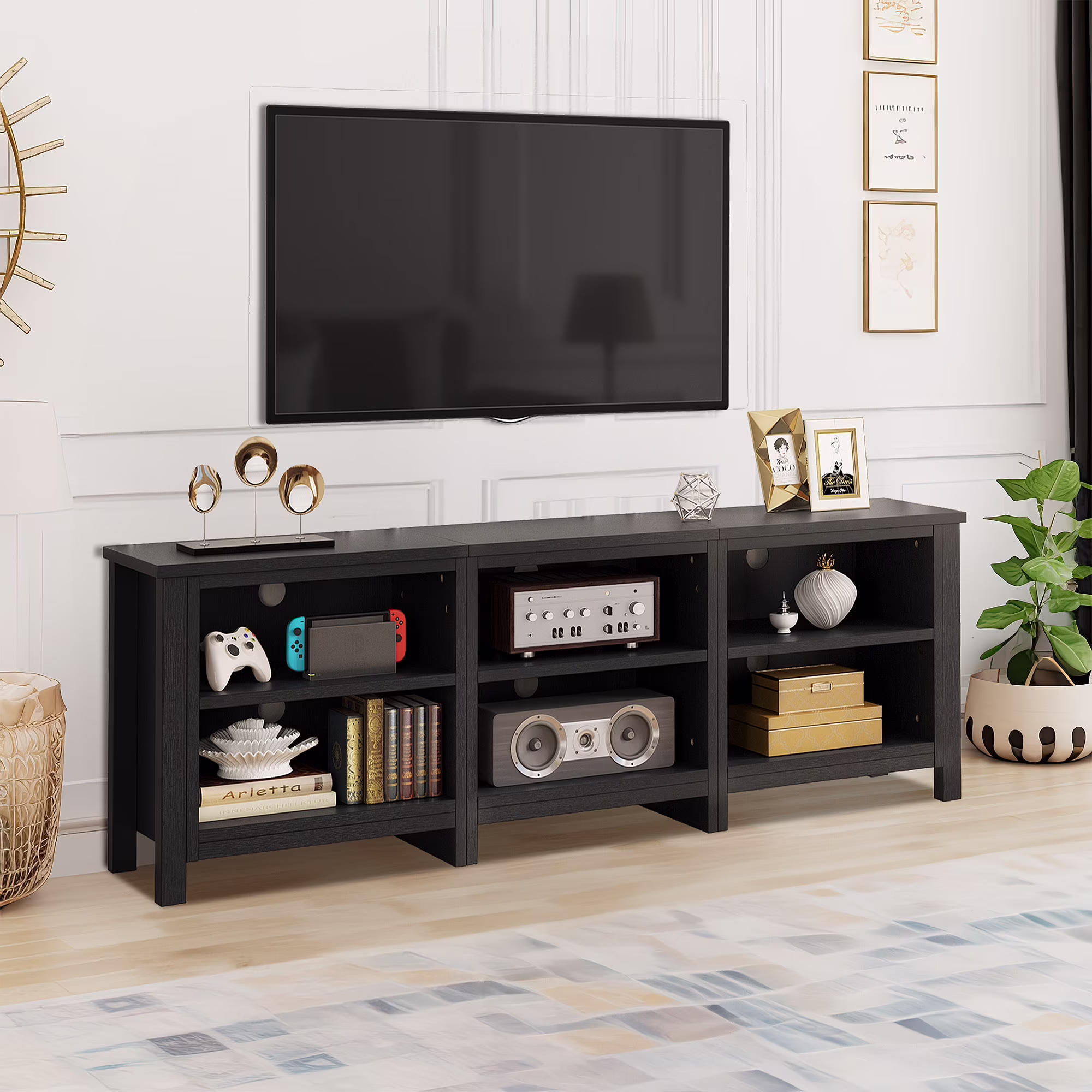 DWVO Modern TV Stand for Televisions up to 80 Inch, Classic 6 Cubby Media Entertainment Center Console Table with Storage Shelves for Living Room Bedroom, Black