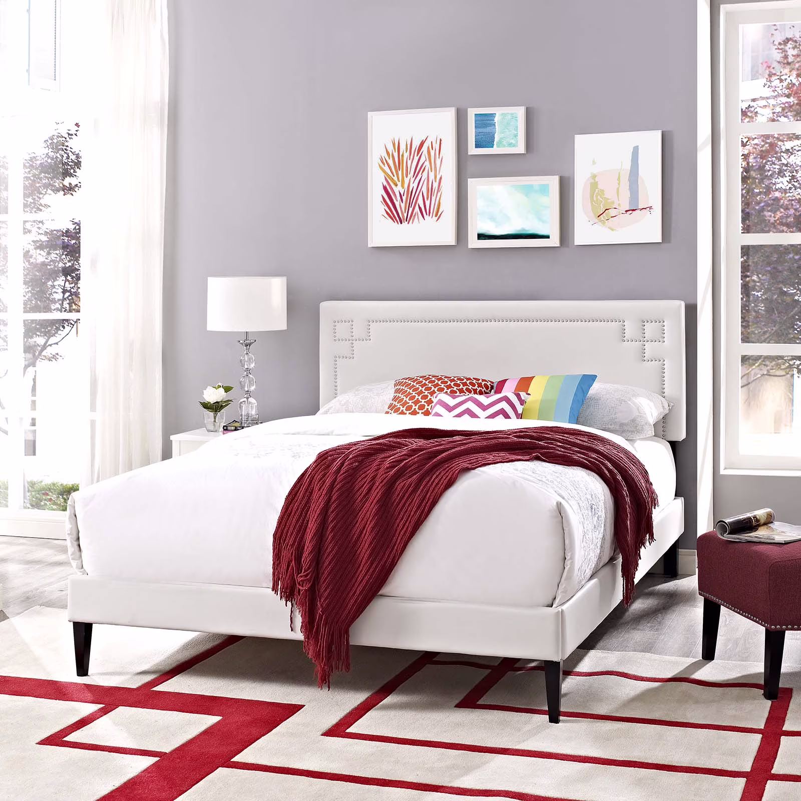 Modway Ruthie Queen Vinyl Platform Bed with Squared Tapered Legs in White