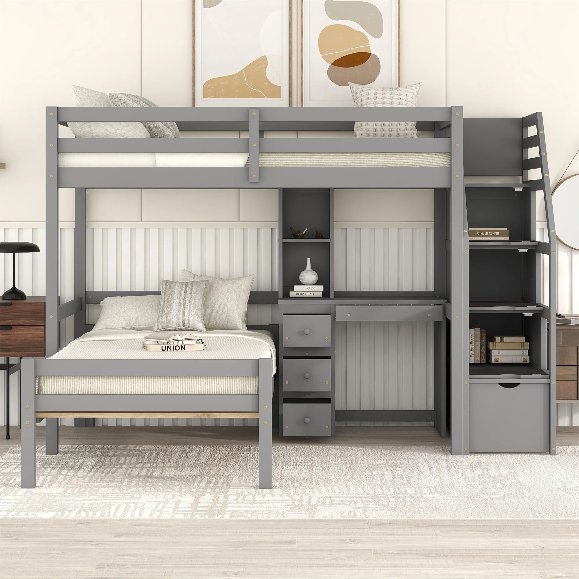 Nestfair Teen/Kids Twin Loft Bed with Twin Platform Bed,Storage Staircase,Versatile Desk,Solid Wood,Gray