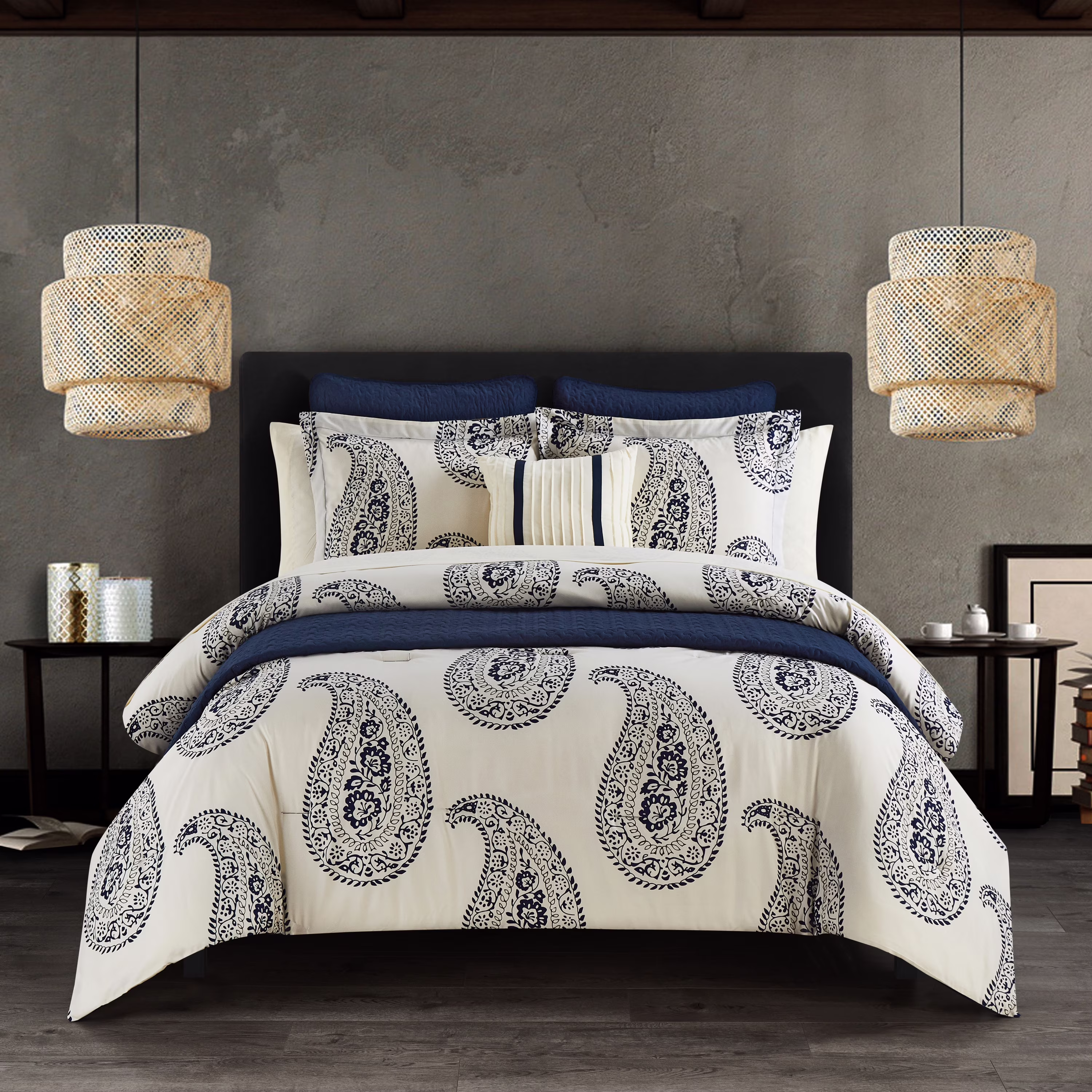 Chic Home Mckenna 12-Piece Reversible Paisley Comforter Set, Queen, Navy