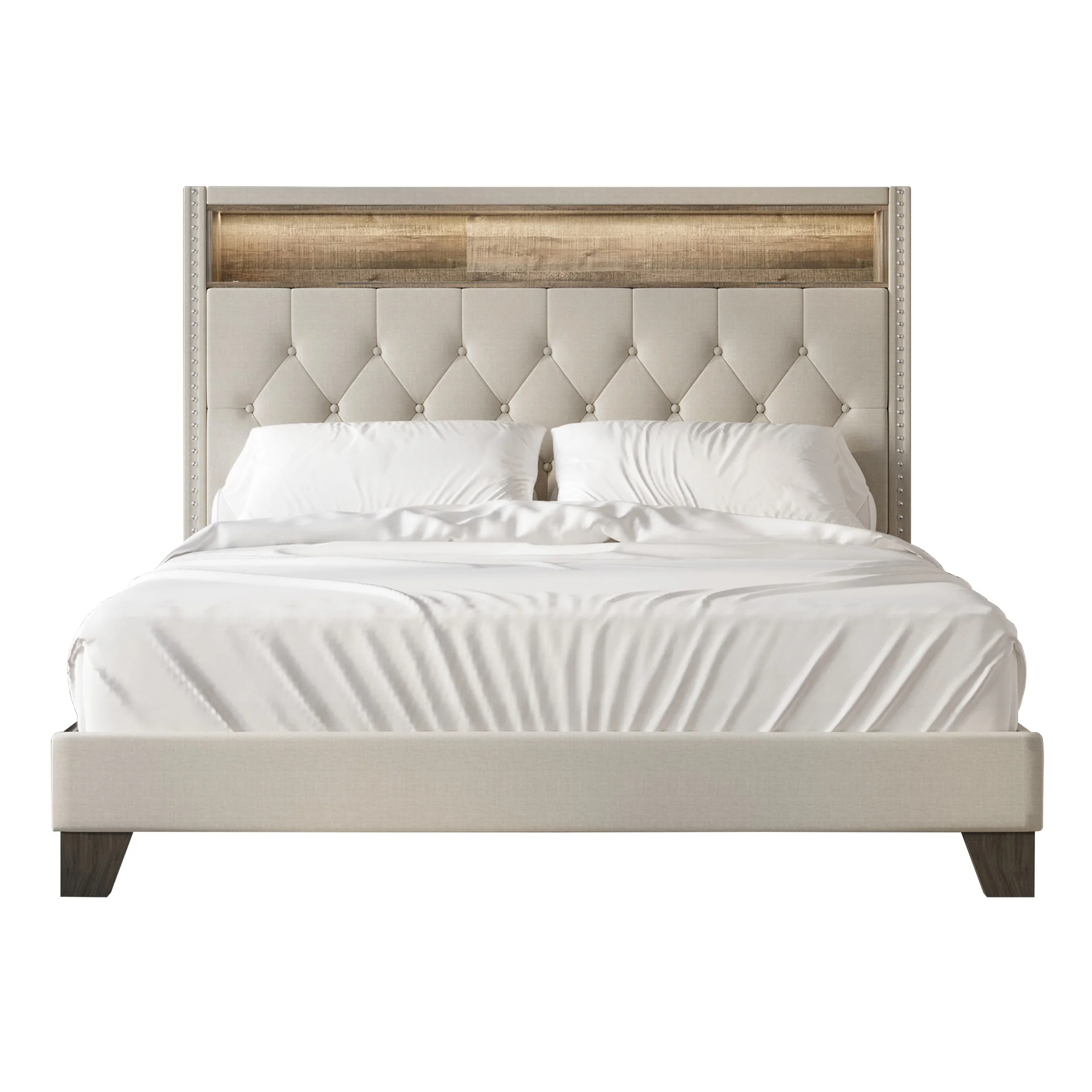 Castle Place LED Light Nailhead Trim Linen Upholstered Bookcase Bed, Warm Grey, Queen