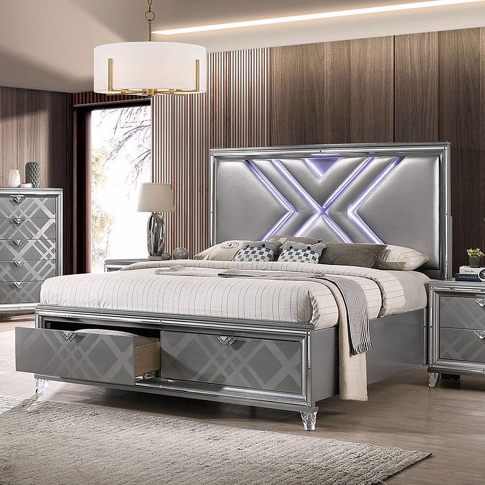 Classic Pattern Queen Size Bed w Drawers FB Padded Leatherette HB w LED Unique X Design Bedroom Furniture Silver Color