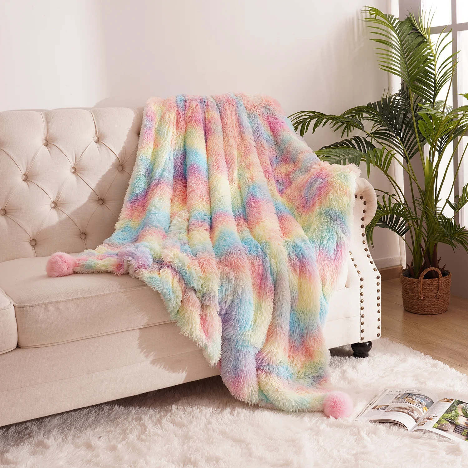 Lochas Plush Fluffy Rainbow Blanket with 4 Hairball for Couch Bed Sofa Kids Soft Blankets, 50