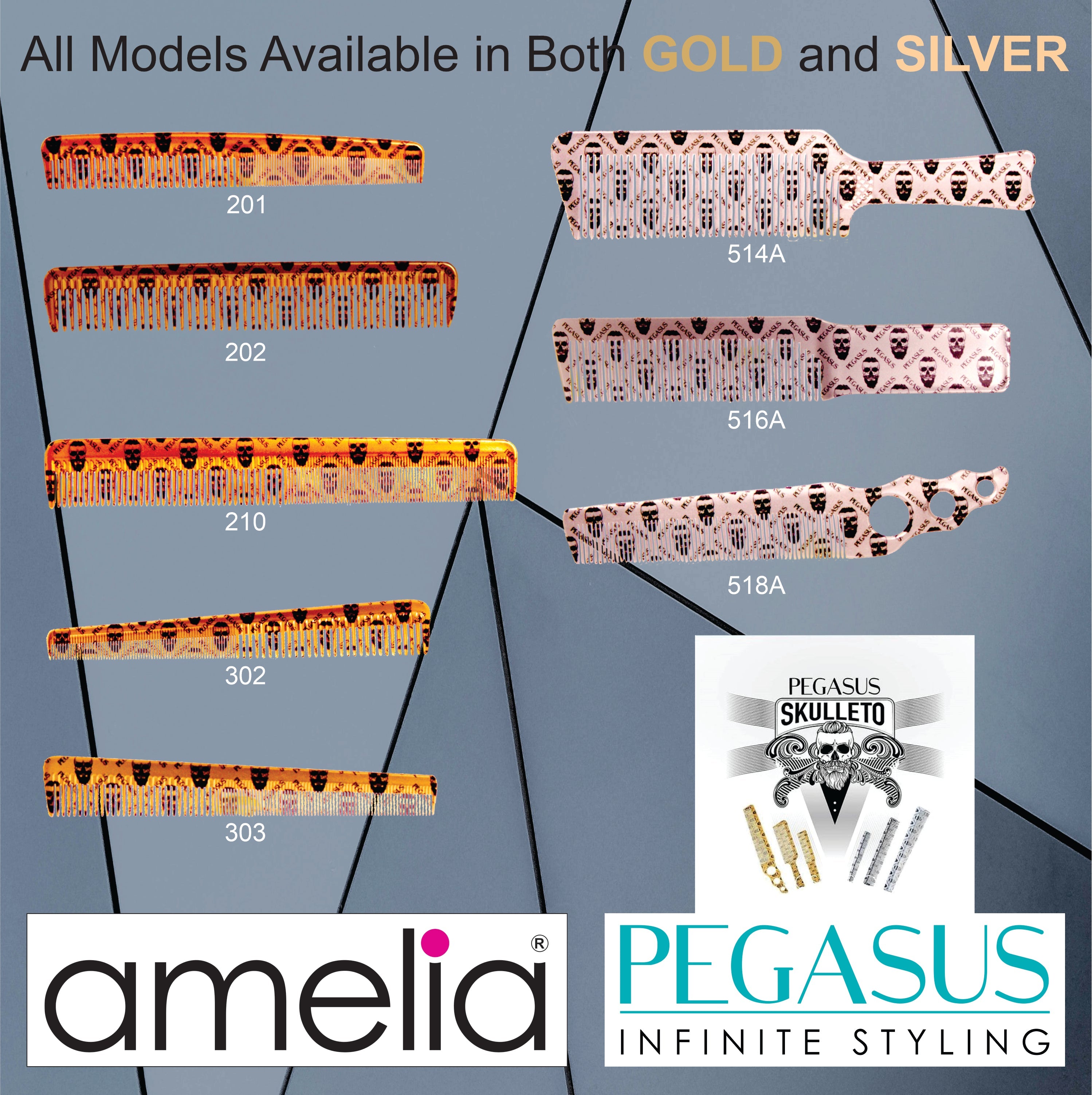 Pegasus Skulleto 302, 7in Hard Rubber Extra Fine Tooth Barber Comb, Seamless, Smooth Edges, Anti Static, Heat & Chemically Resistant, Wet Hair, Everyday Grooming Comb | Peines de goma dura - Silver