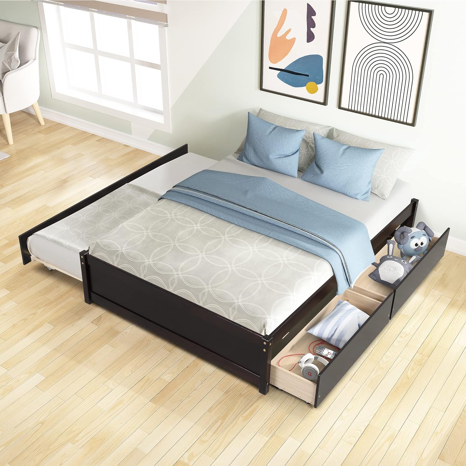 Wood Platform Bed Frame, Full Bed With Trundle And Drawers, Trundle Platform Bed Full Size, Captain Bed With Pull Out Trundle And Storage For Kids Teens And Adults Espresso