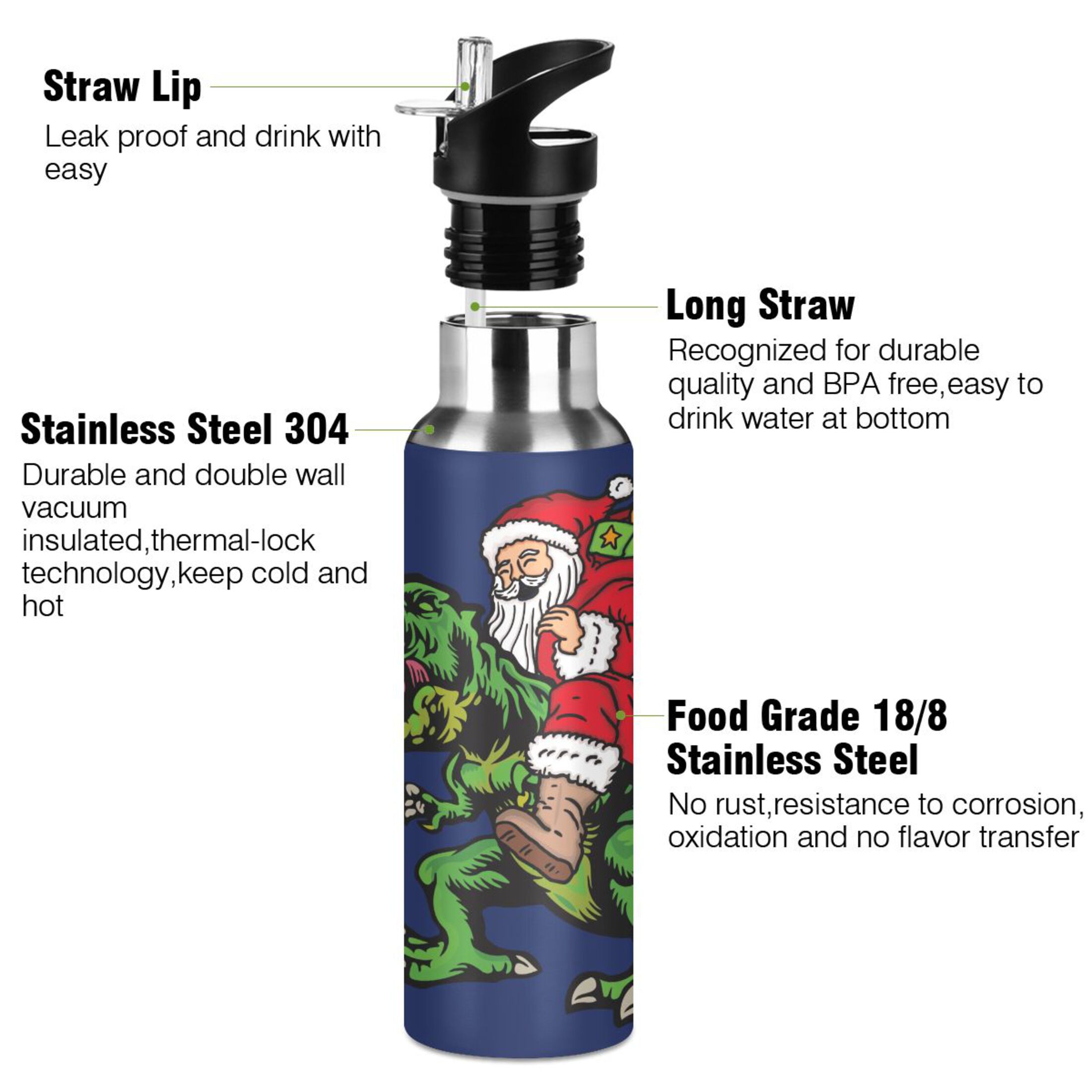 Water Bottle with Straw Lid Leak Santa Claus Riding Dinosaur Stainless Steel Insulated Thermos Vacuum Flask for Cold Hot Drinking for Sports Camping Gym Yoga