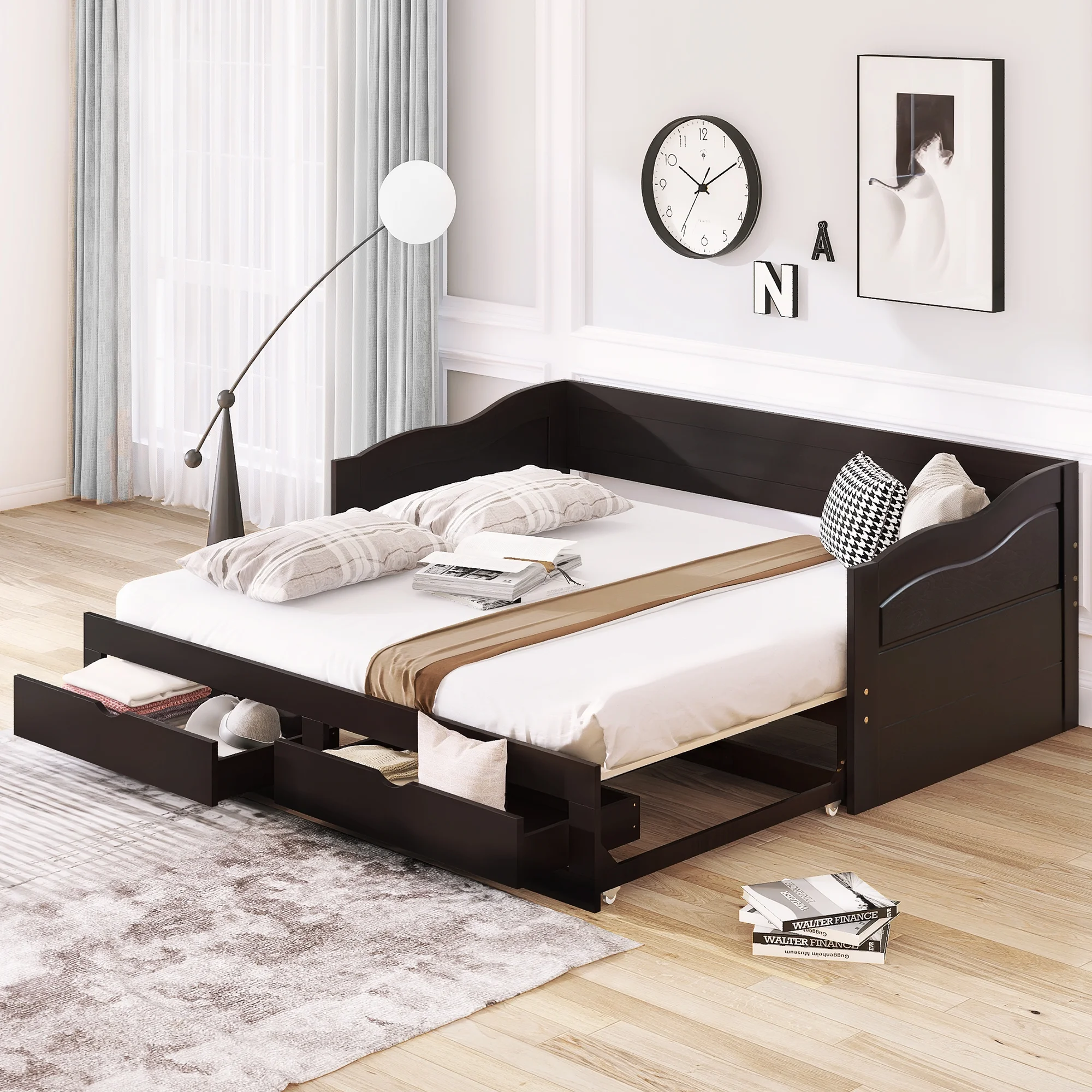 Nestfair Espresso Twin Size Daybed with Trundle and Two Storage Drawers