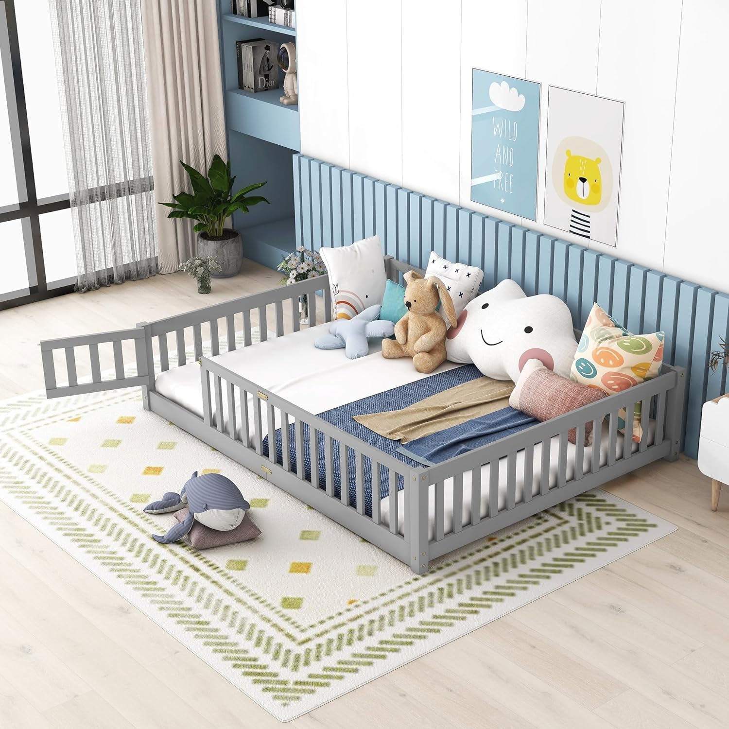 Queen Floor Bed Wih Fence And Door, Wooden Monessori Queen Plaform Bed Frame For Kids, Boys Girls, Slas Included, No Box Spring Needed (Queen Size, Gray)