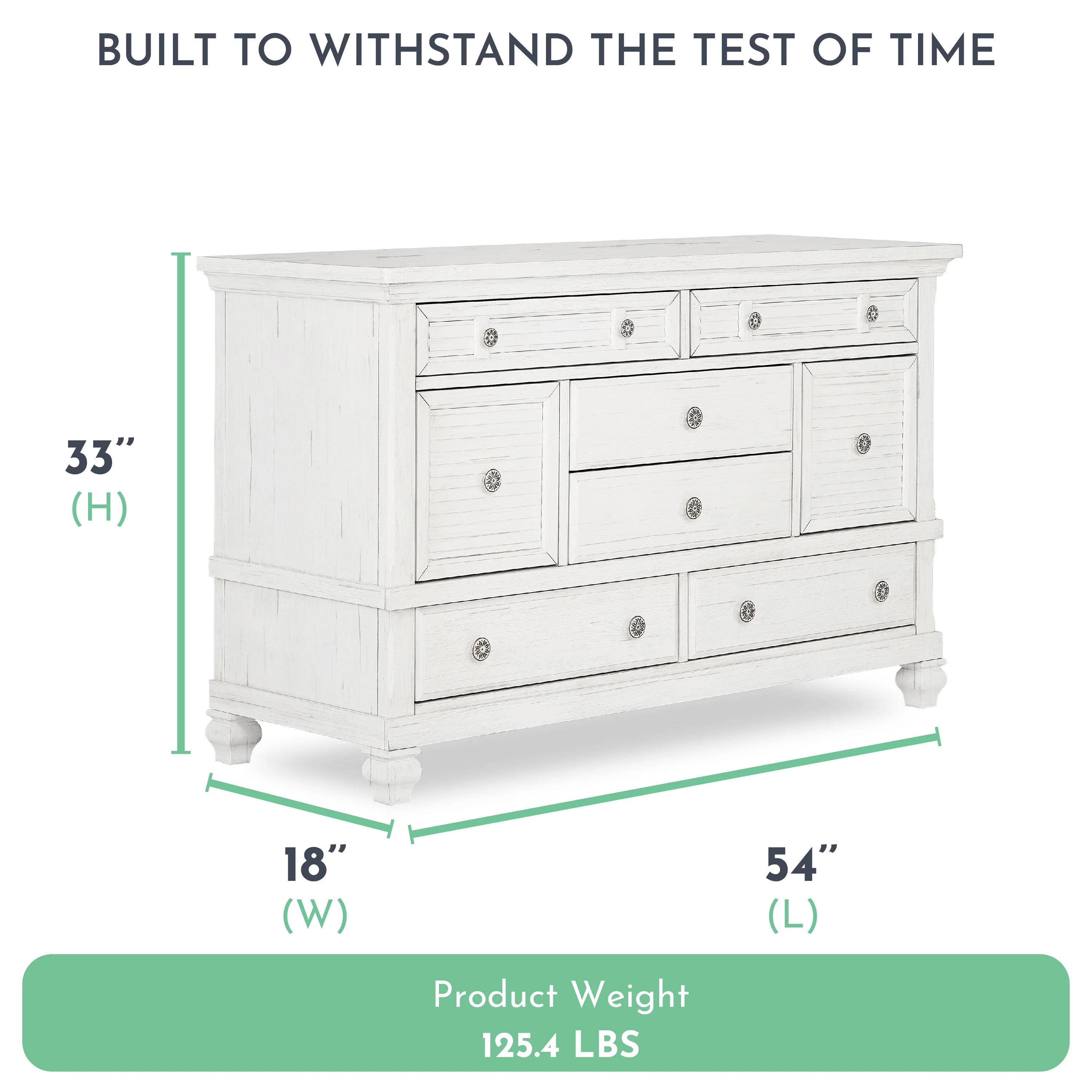 Evolur Signature Cape May Double Dresser, Weathered White, 6 Drawers