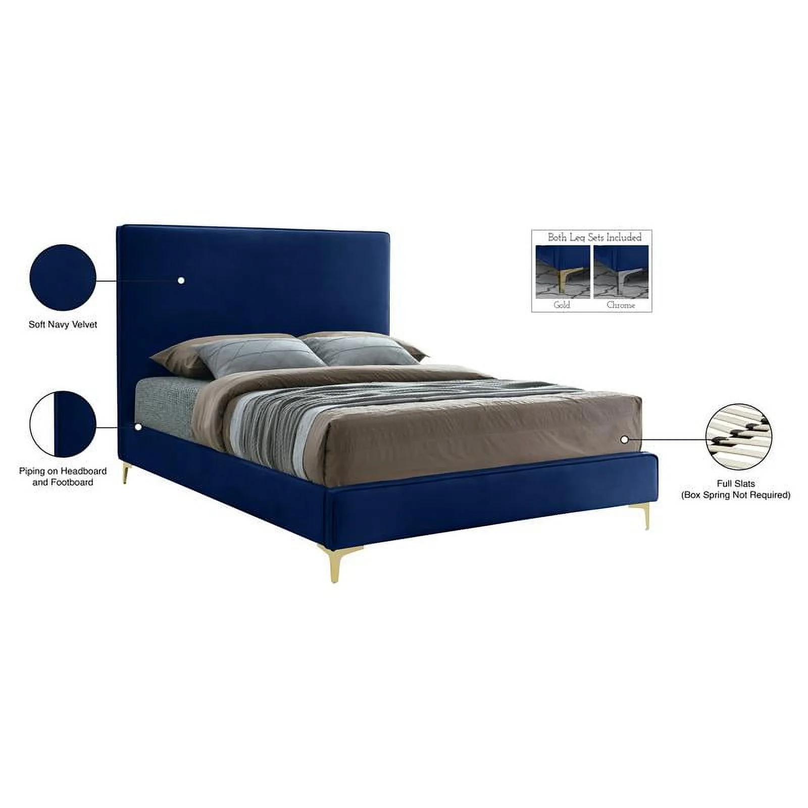 Meridian Furniture Geri Navy Velvet Full Bed with Gold and Chrome Legs Included