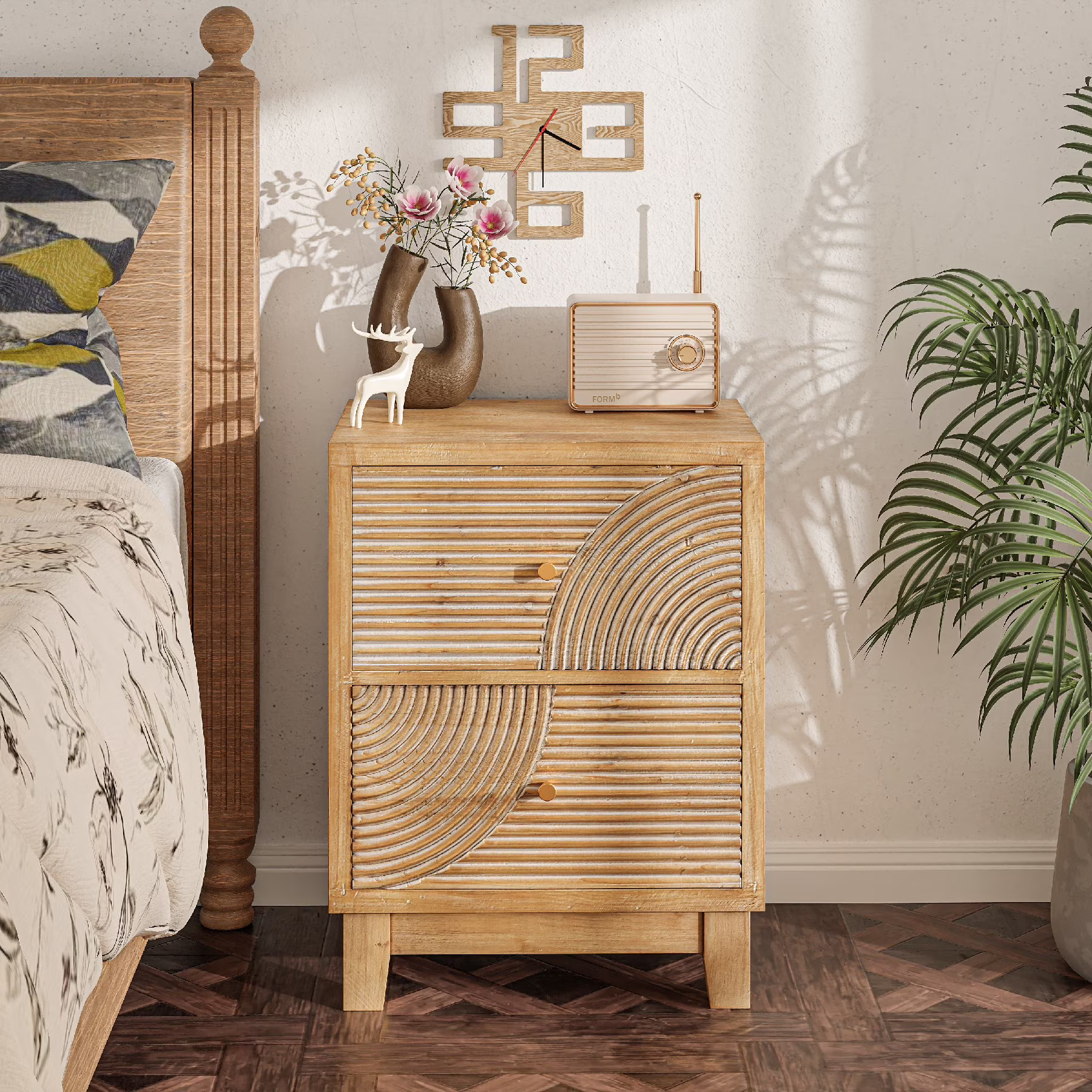 COZAYH 2-Drawers Farmhouse Nightstand, Mid Century Nightstand Fully Assembled with Handcrafted Wood Ring Pattern for Boho, Mid-Century, Rustic Style, Natural Wood