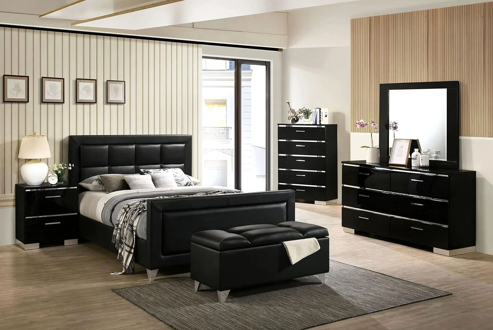 Contemporary Black Solid Wood Queen Bedroom Set 6pcs FOA CM7913 Menkar