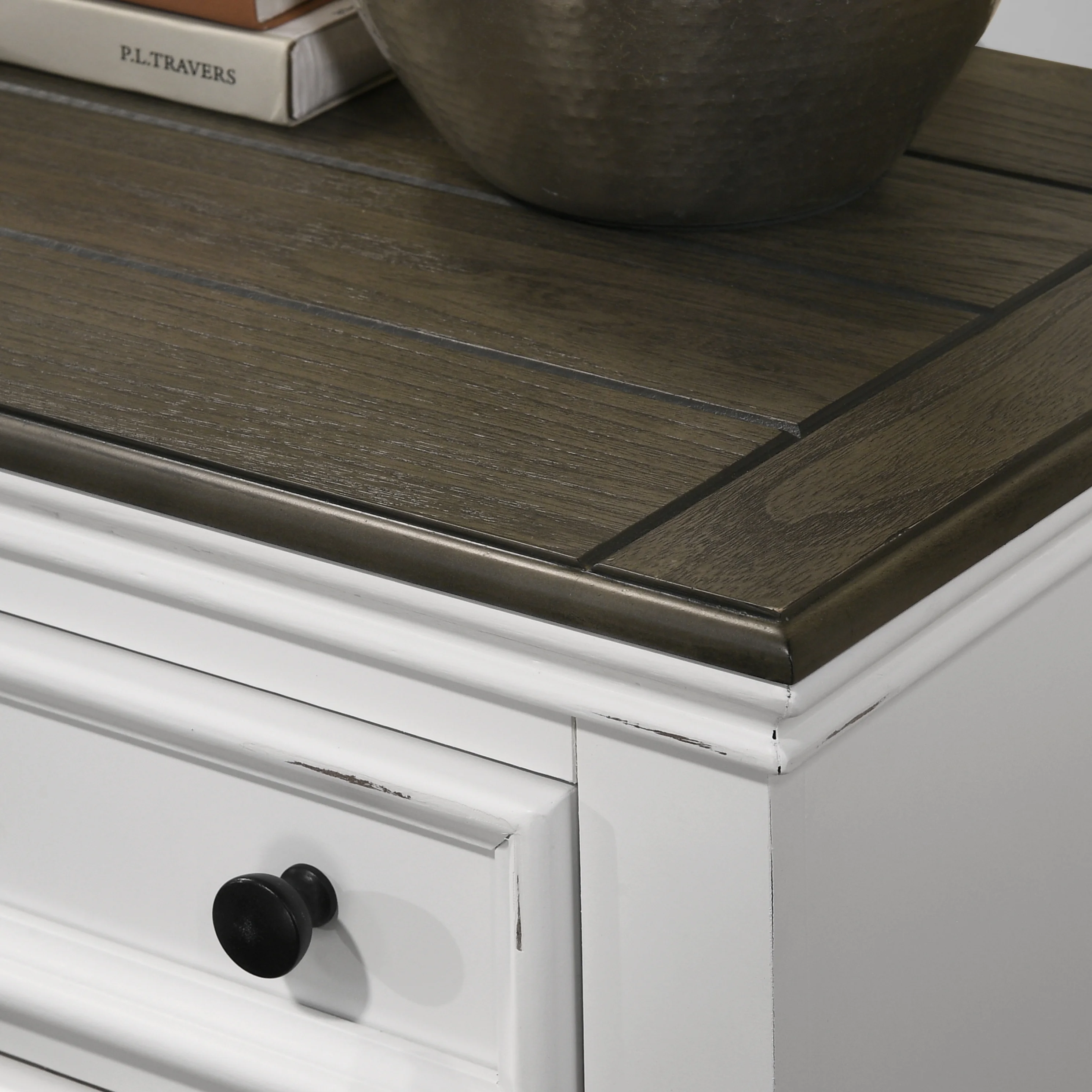 Clelane Wood 5-Drawer Chest, Weathered White and Gray