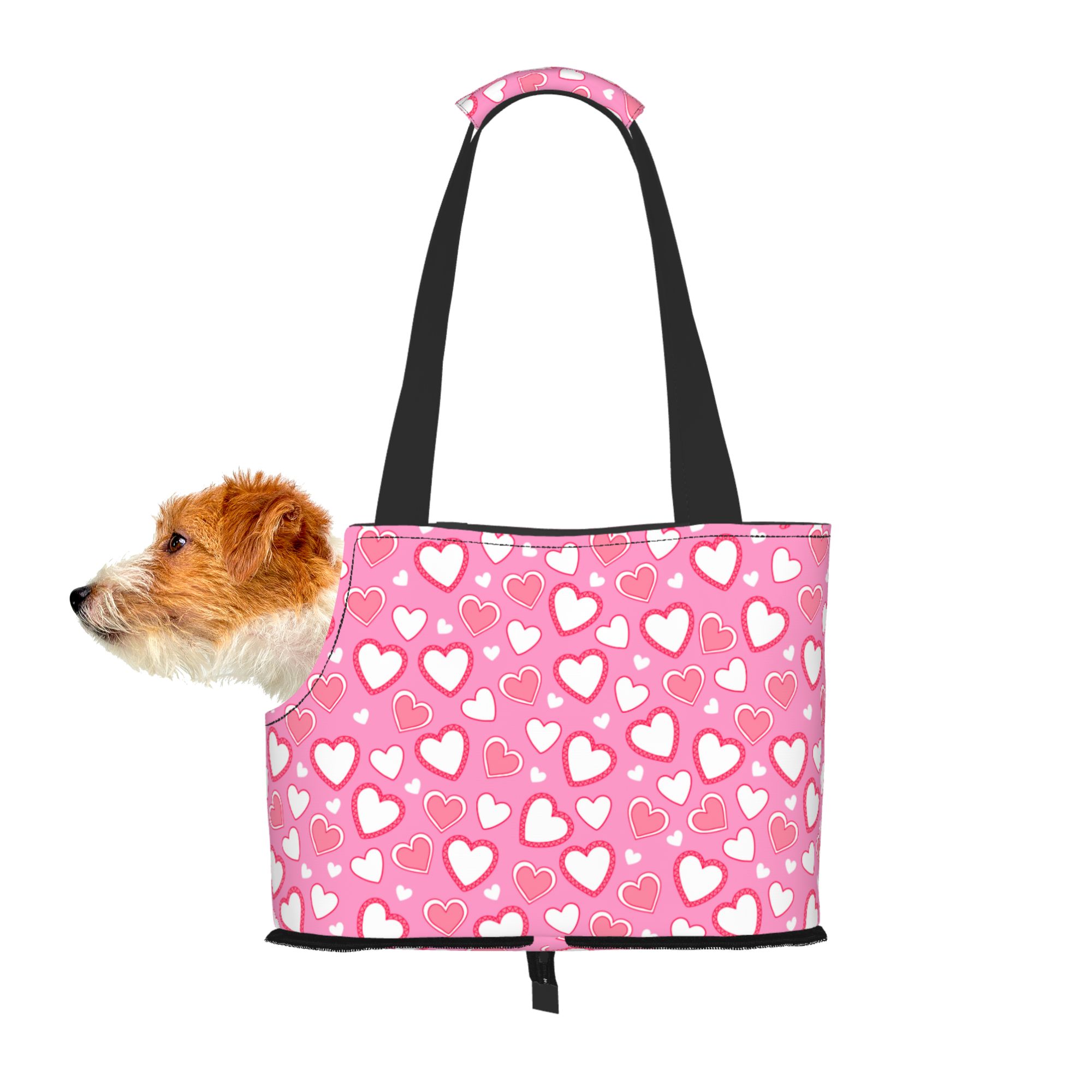 TEQUAN Foldable Dog Purse Carrier, Collapsible Valentine's Day Pink Hearts Prints Pet Travel Tote Bag for Small Cat Puppy, Waterproof Dog Soft-Sided Carriers
