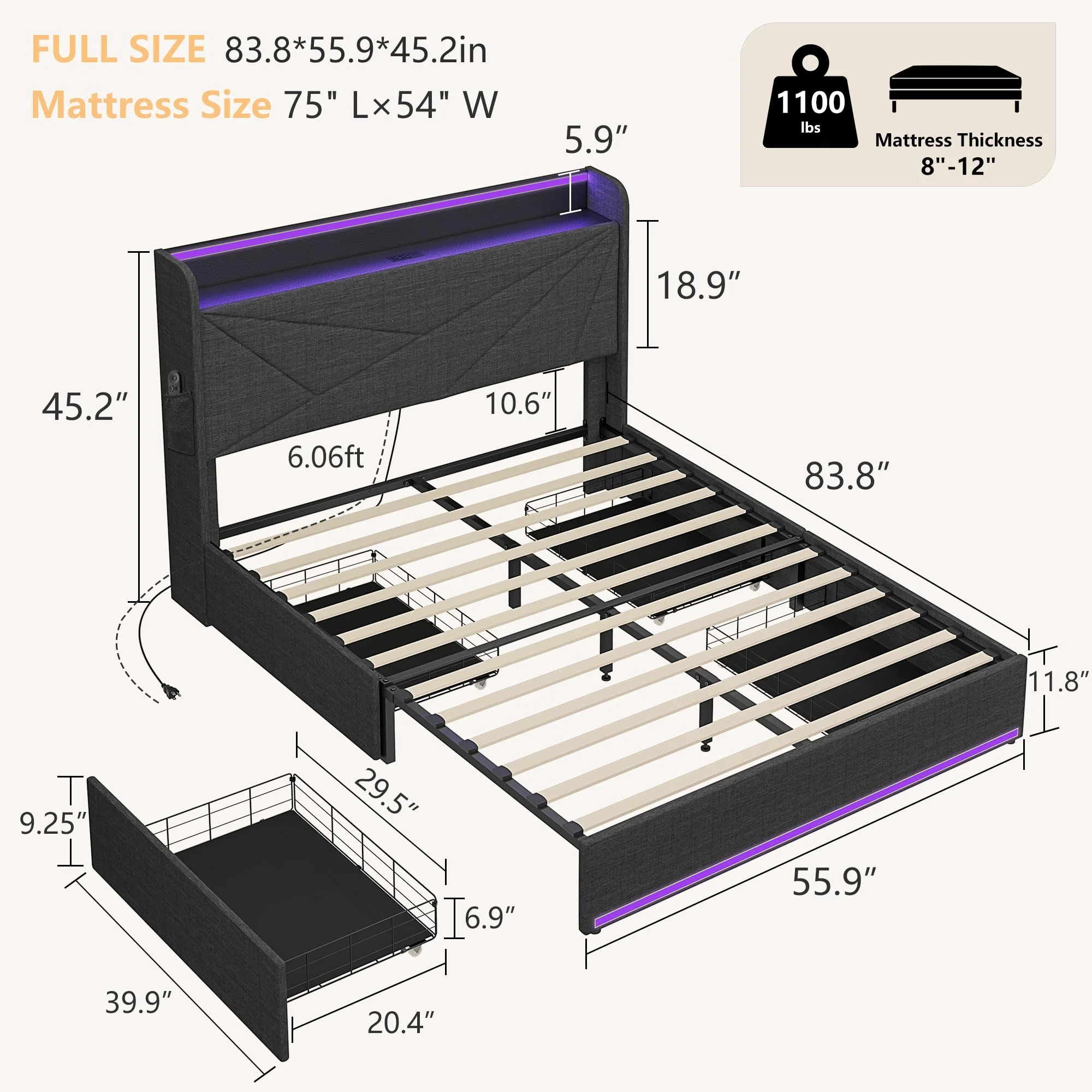 Full Size Bed Frame with Upholstered Headboard, 4 Storage Drawers, Metal Platform Bed Frame with LED Lights and Charge Station, Wooden Slats Support, Noise Free, No Box Spring Needed ( Full )