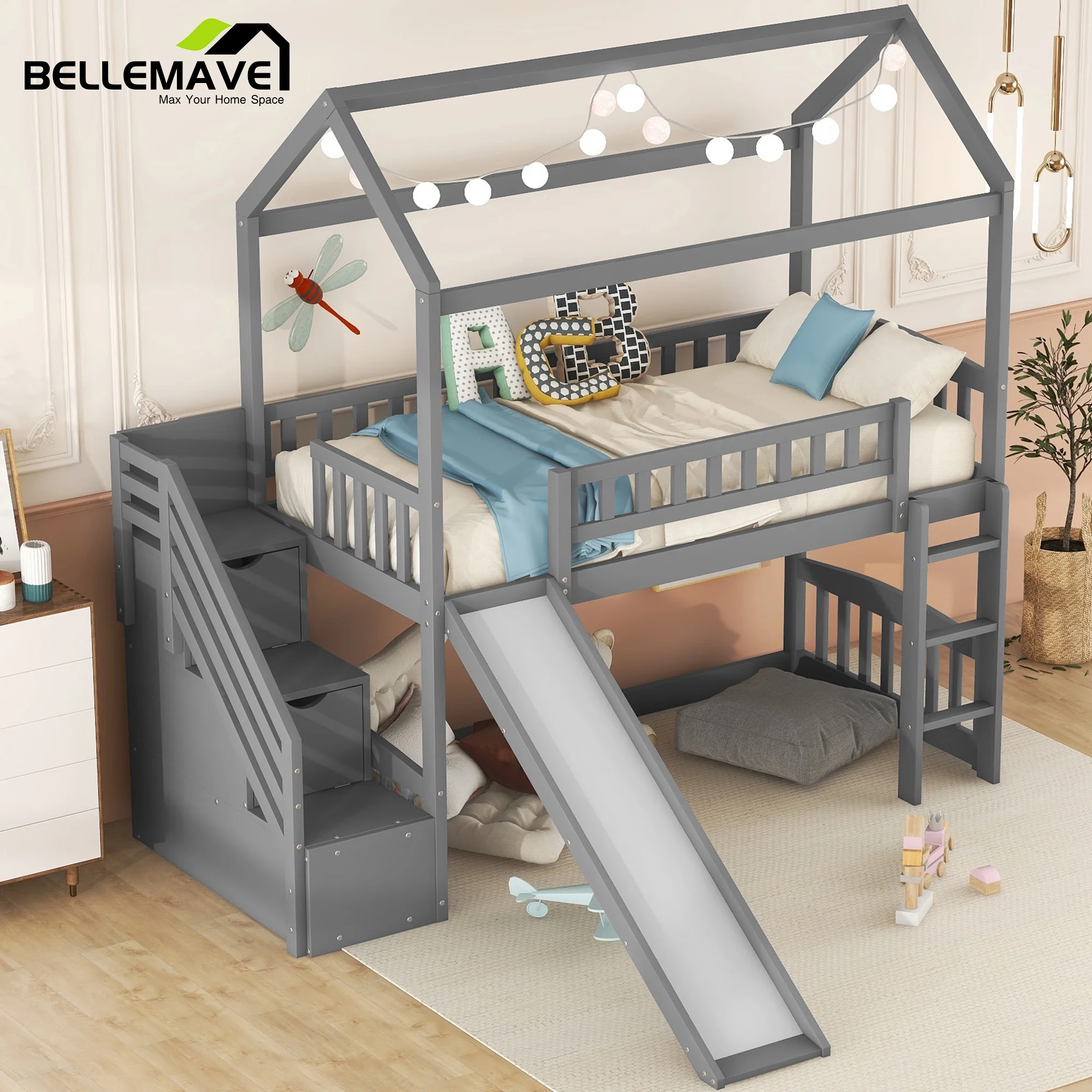 House Loft Bed Twin Size, Twin Loft Bed with Slide, Wood Loft Bed with Storage Stairs, Ladder and Full-Length Guardrail, Kids House Bed/Kids Slide Bed(Gray)