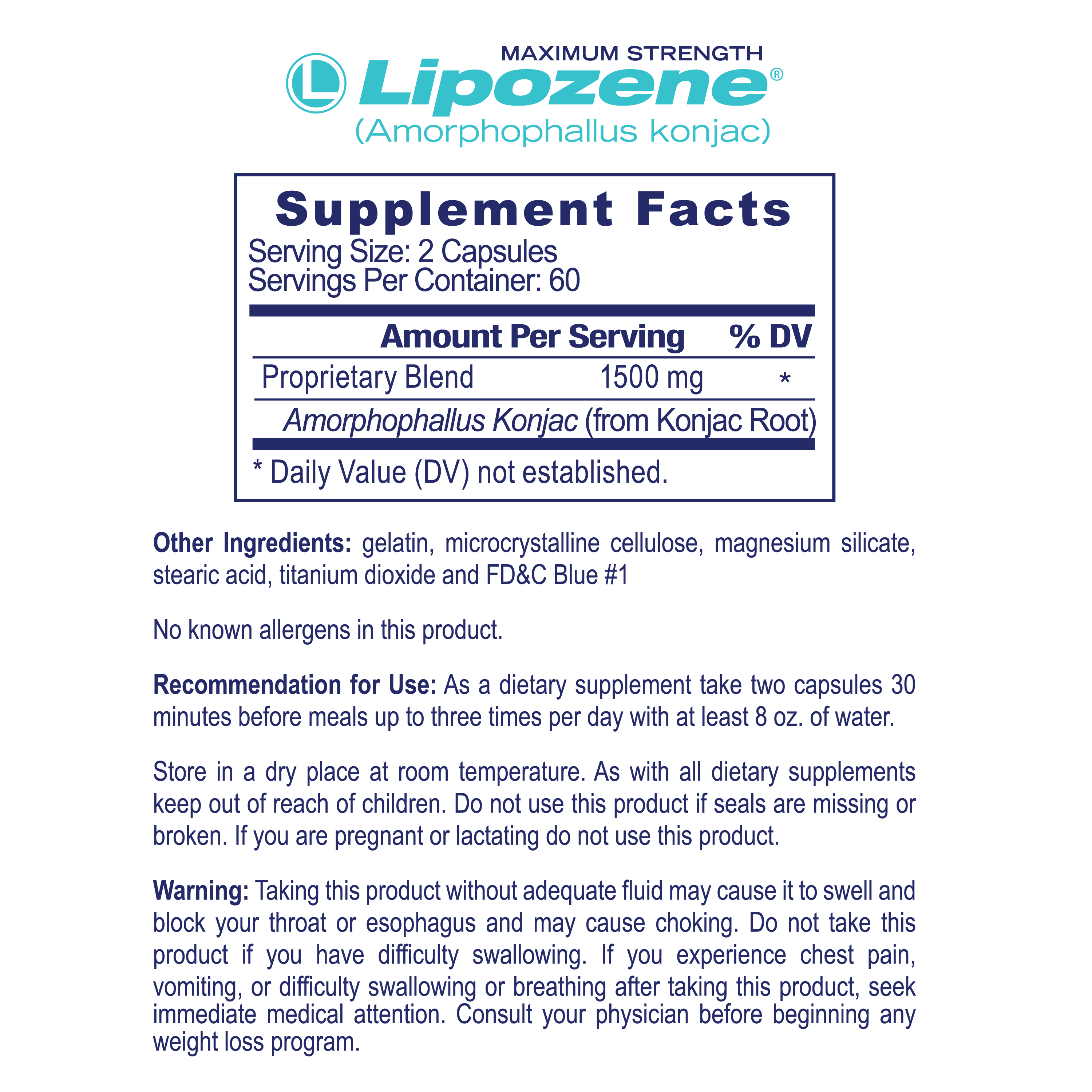 Lipozene Mega Bottle Maximum Strength Weight Loss Supplement, 1500 mg, 120 Capsules