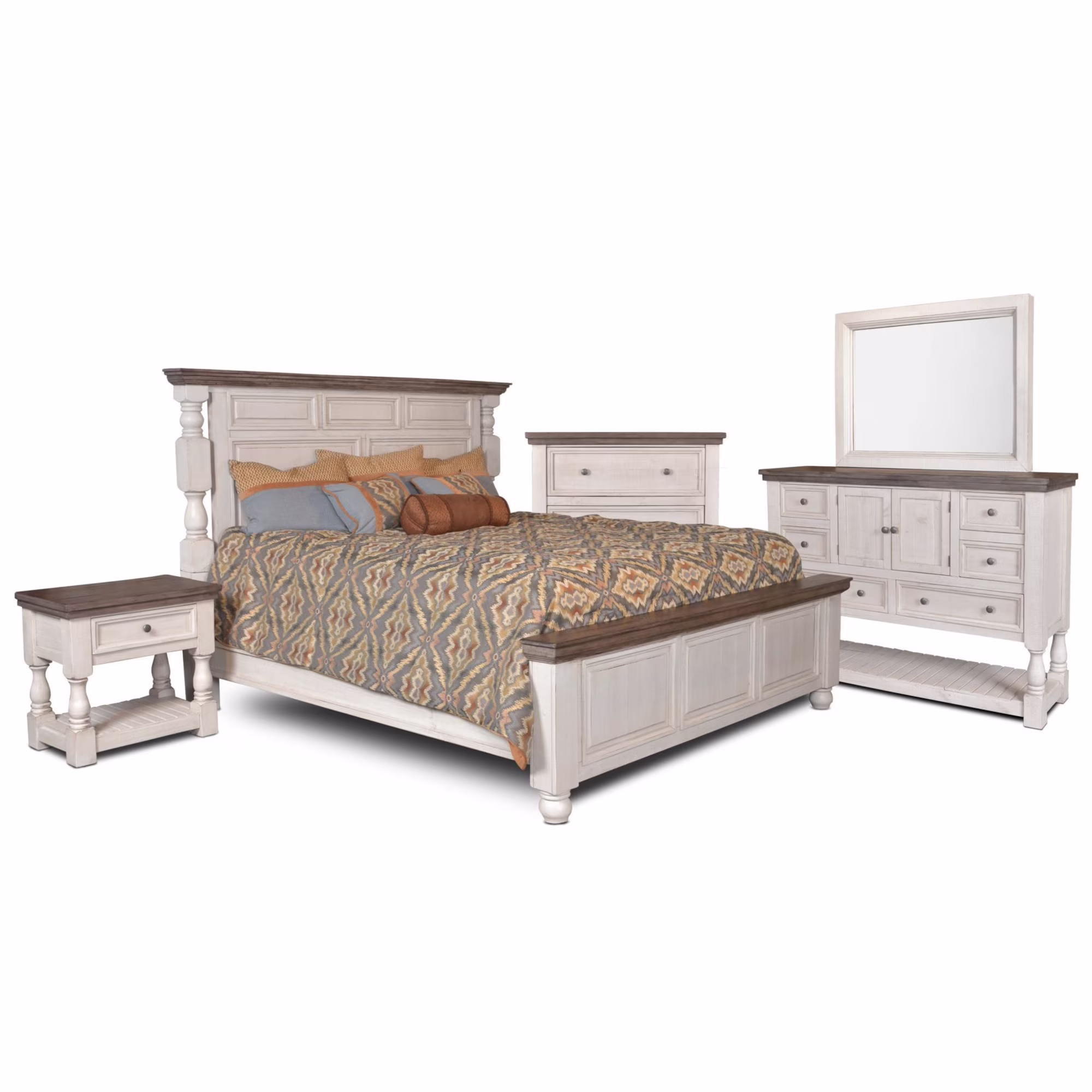 Rustic French 5Pc King Bedroom Set in Distressed White/Brown Wood / Panel Bed