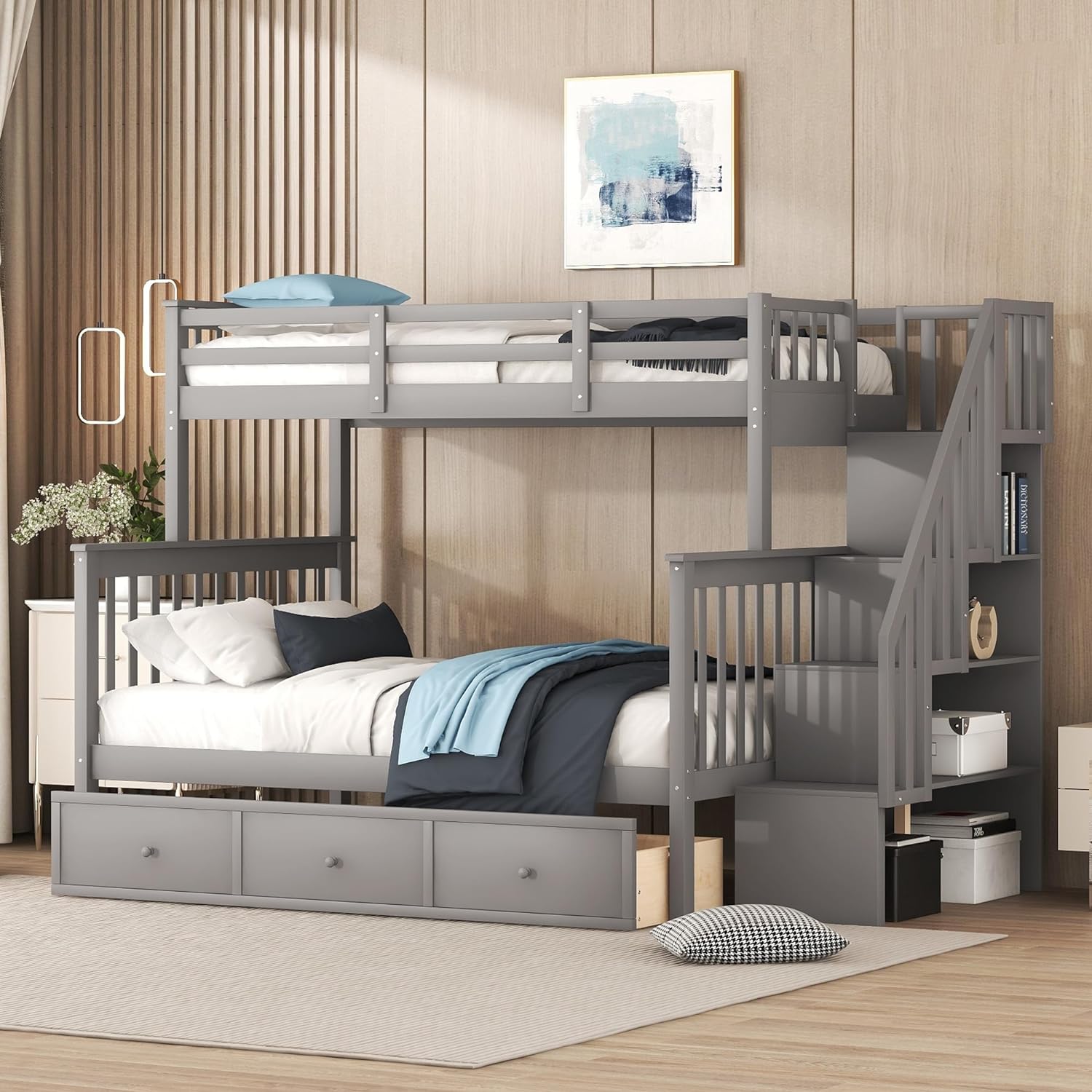 Over Full Bunk Bed With Stairs And Storage Drawers, Hardwood Stairway Bunk Bed Frame For Kids Teens Adults, Bedroom, Dorm - Gray